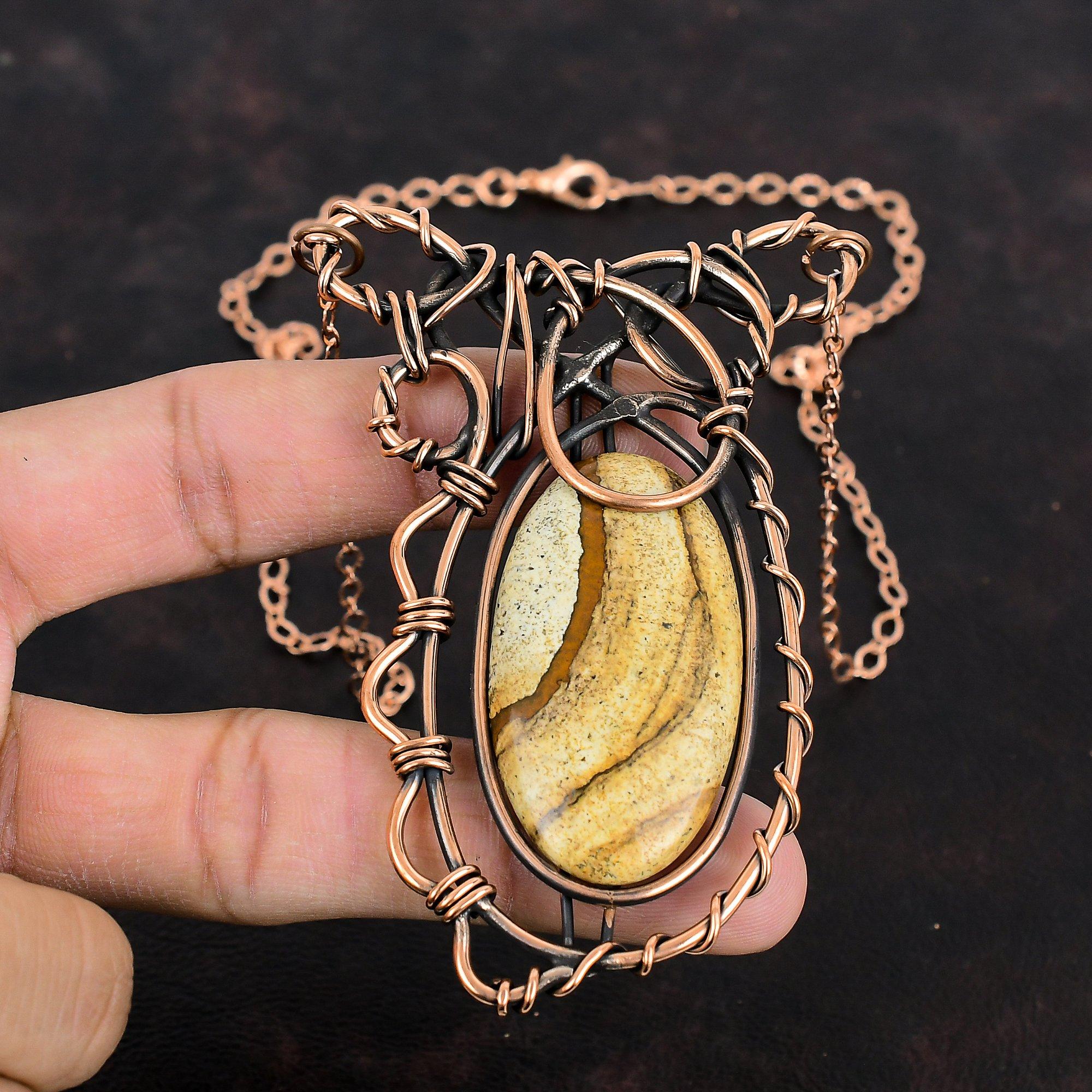 Picture Jasper Necklace Copper Wire Wrapped Necklace Gemstone Dainty Jewelry Adjustable Chain Necklace Copper Handmade Jewelry Gifts For Her