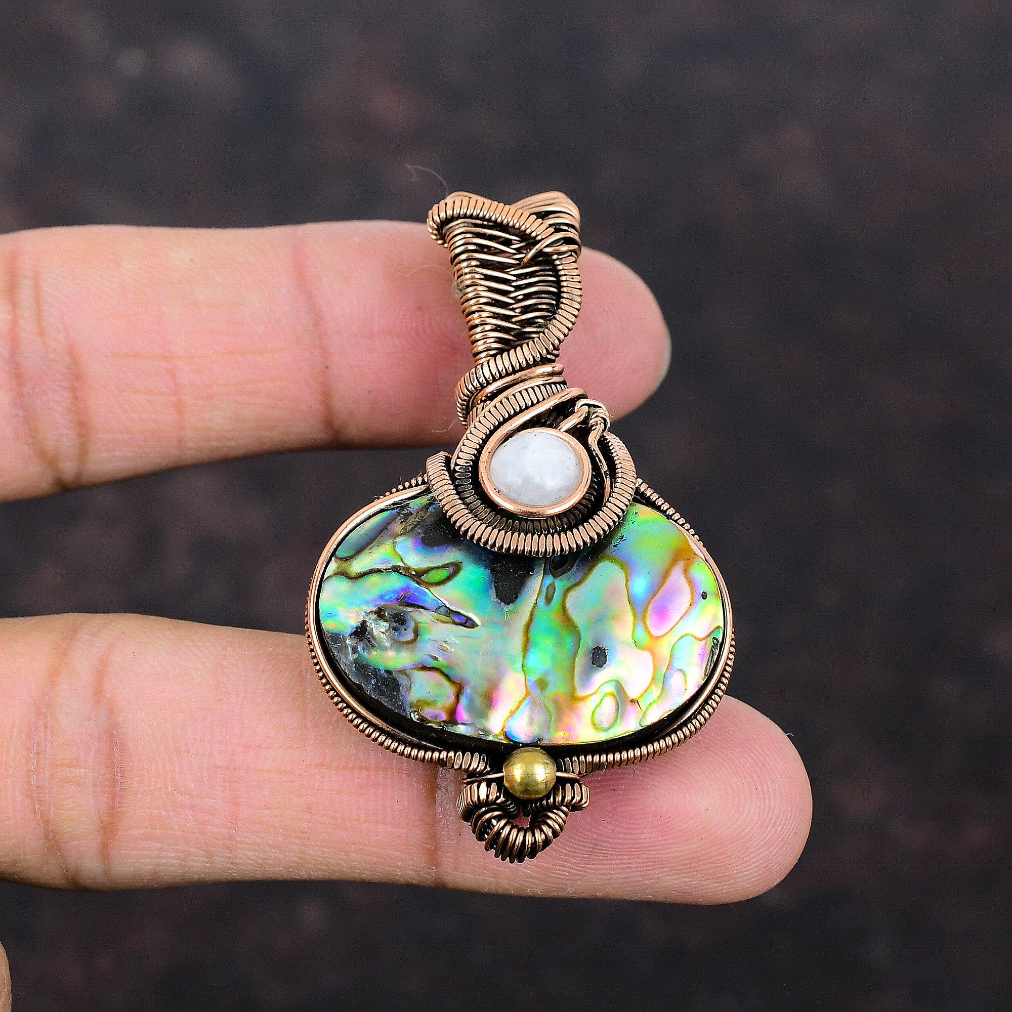 Abalone Shell Pendant Rainbow Moonstone Pendant Copper Wire Wrapped Pendant Gemstone Copper Jewelry Handmade Amazing Pendant Engagement Gift