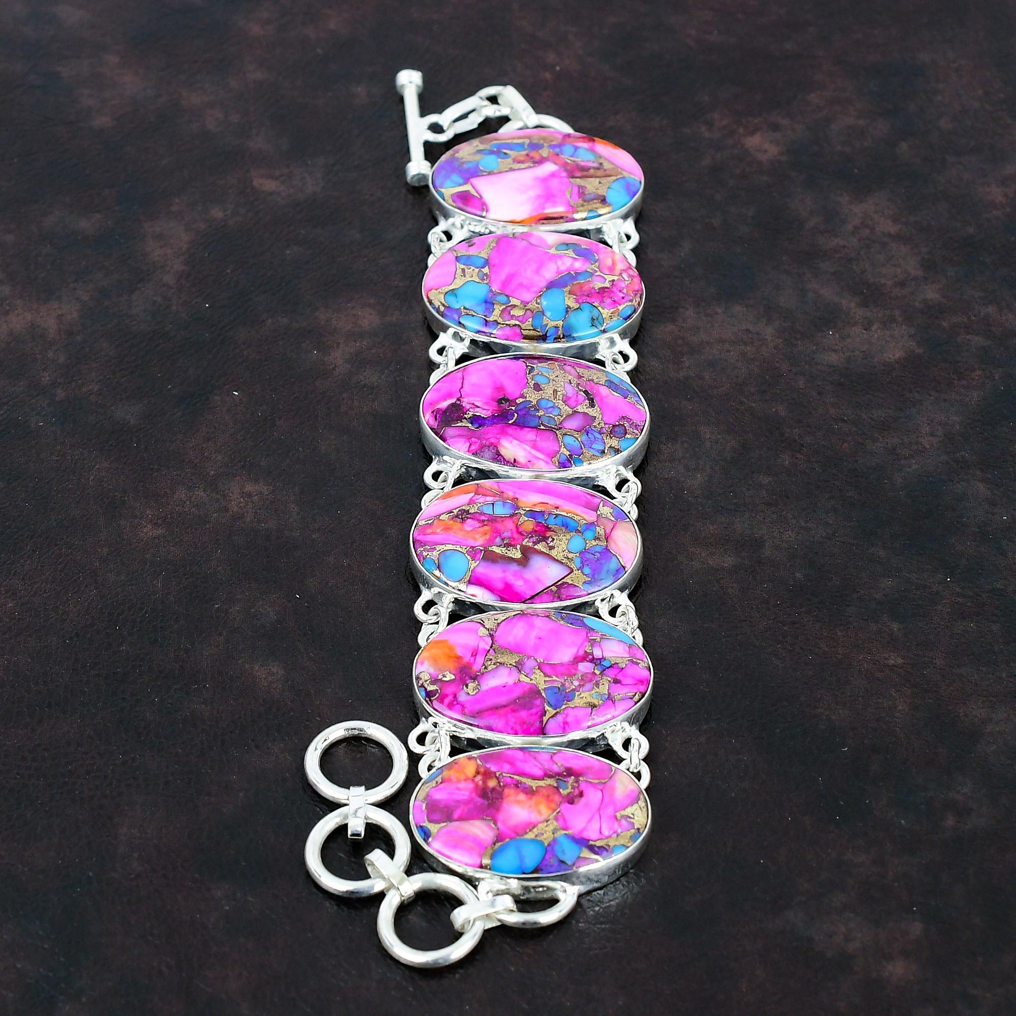 Natural Kingman Pink Dahlia Turquoise Bracelet 925 Sterling Silver Bracelet Adjustable Chain Bracelet Handmade Gemstone Jewelry Gift For Her