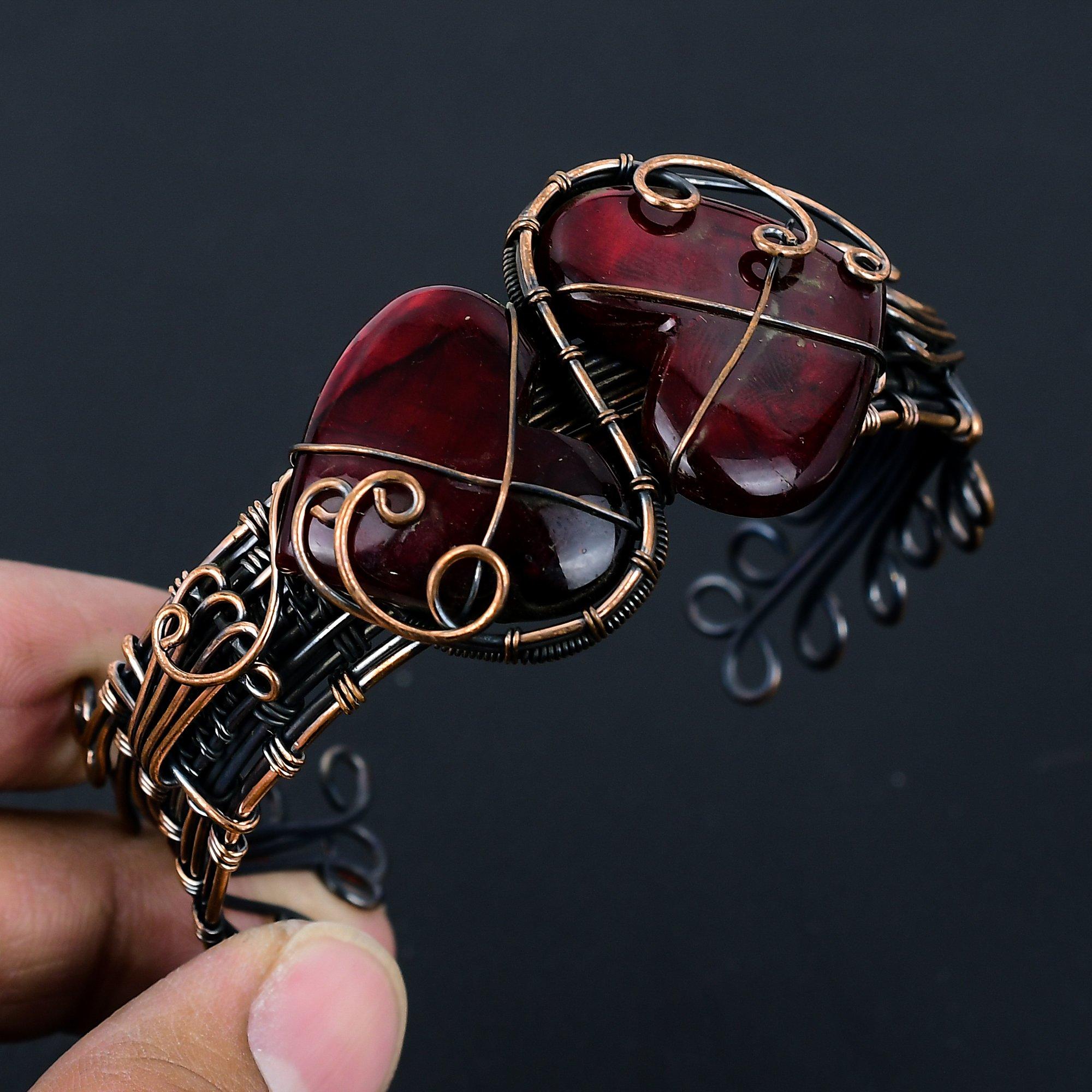 Red Flash Labradorite Gemstone Pure Copper Wire Wrapped Handmade Cuff/ Bangle Jewelry For Gift