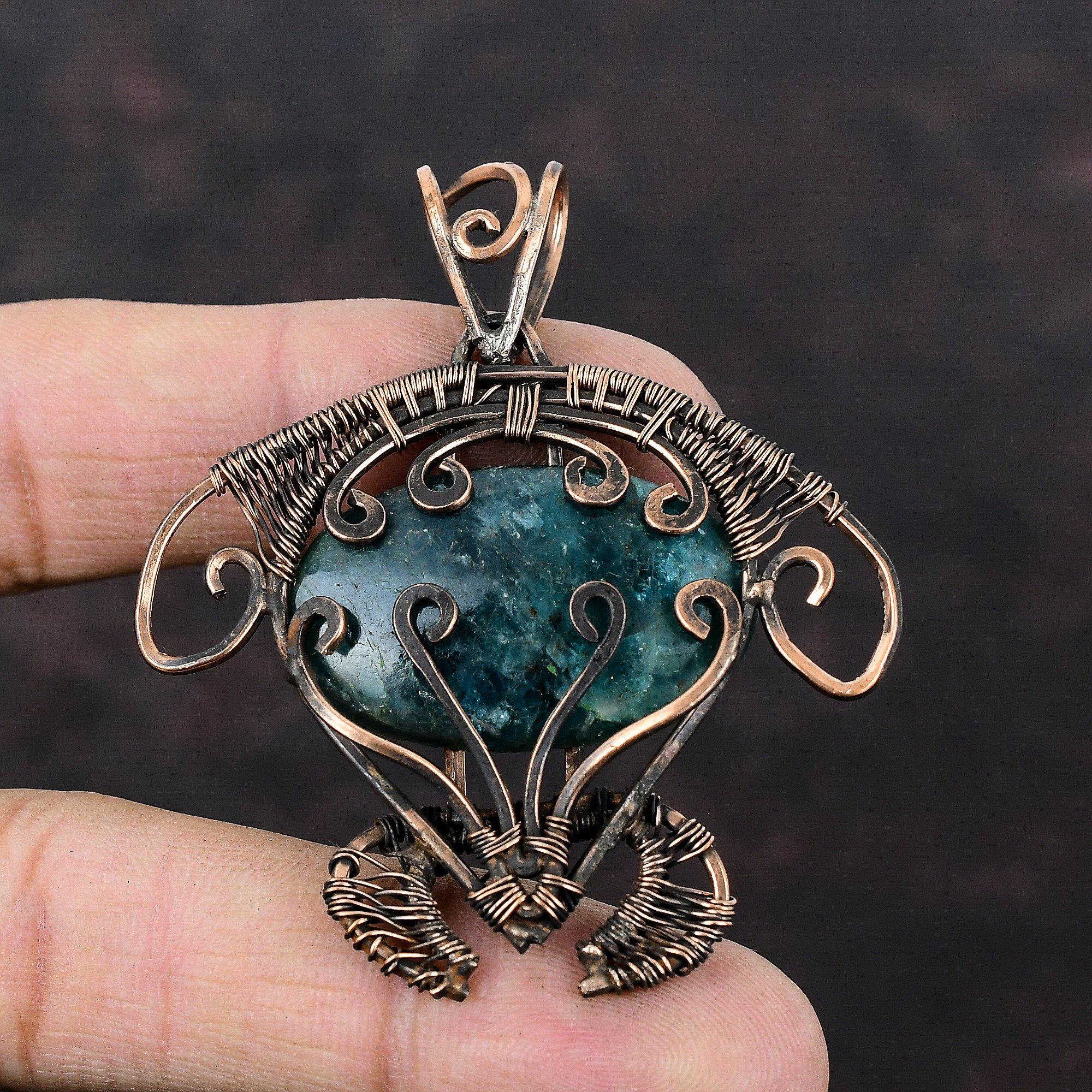 Neon Apatite Pendant Copper Wire Wrapped Pendant Gemstone Pendant Copper Wire Wrap Jewelry Handmade Tortoise Pendant Unique Jewelry For Gift