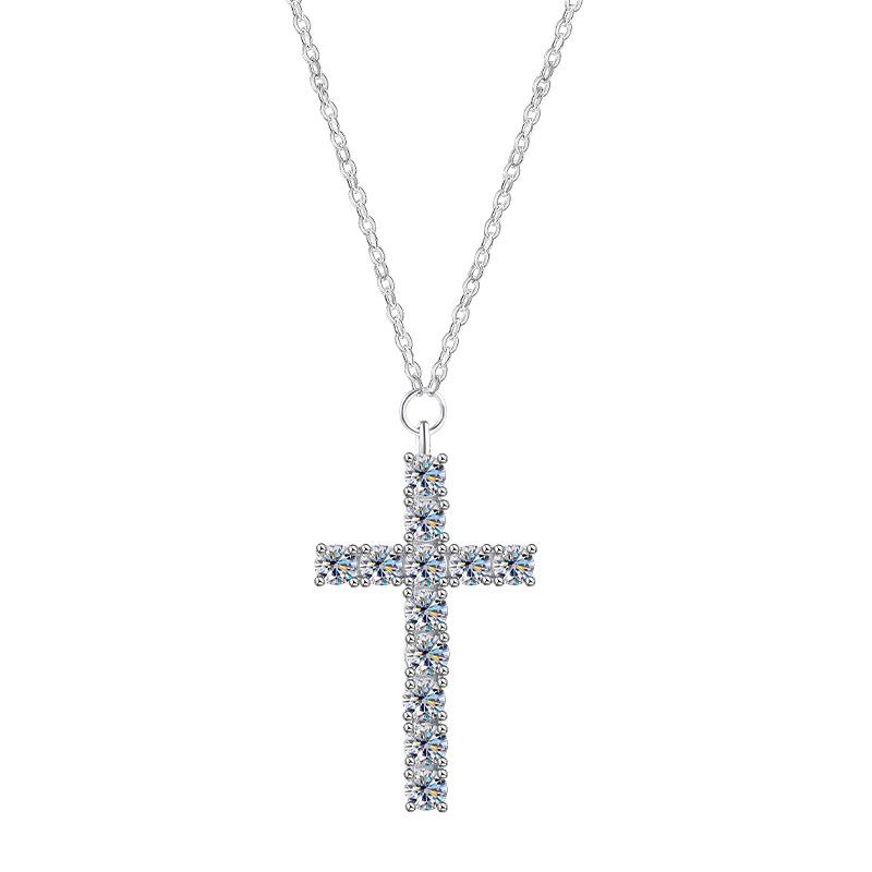 S925 Sterling Silver CZ Cross Pendant Necklace, Paved Crystal Crucifix Charm Clavicle Chain, Sweet Wedding Jewelry Gift for Women