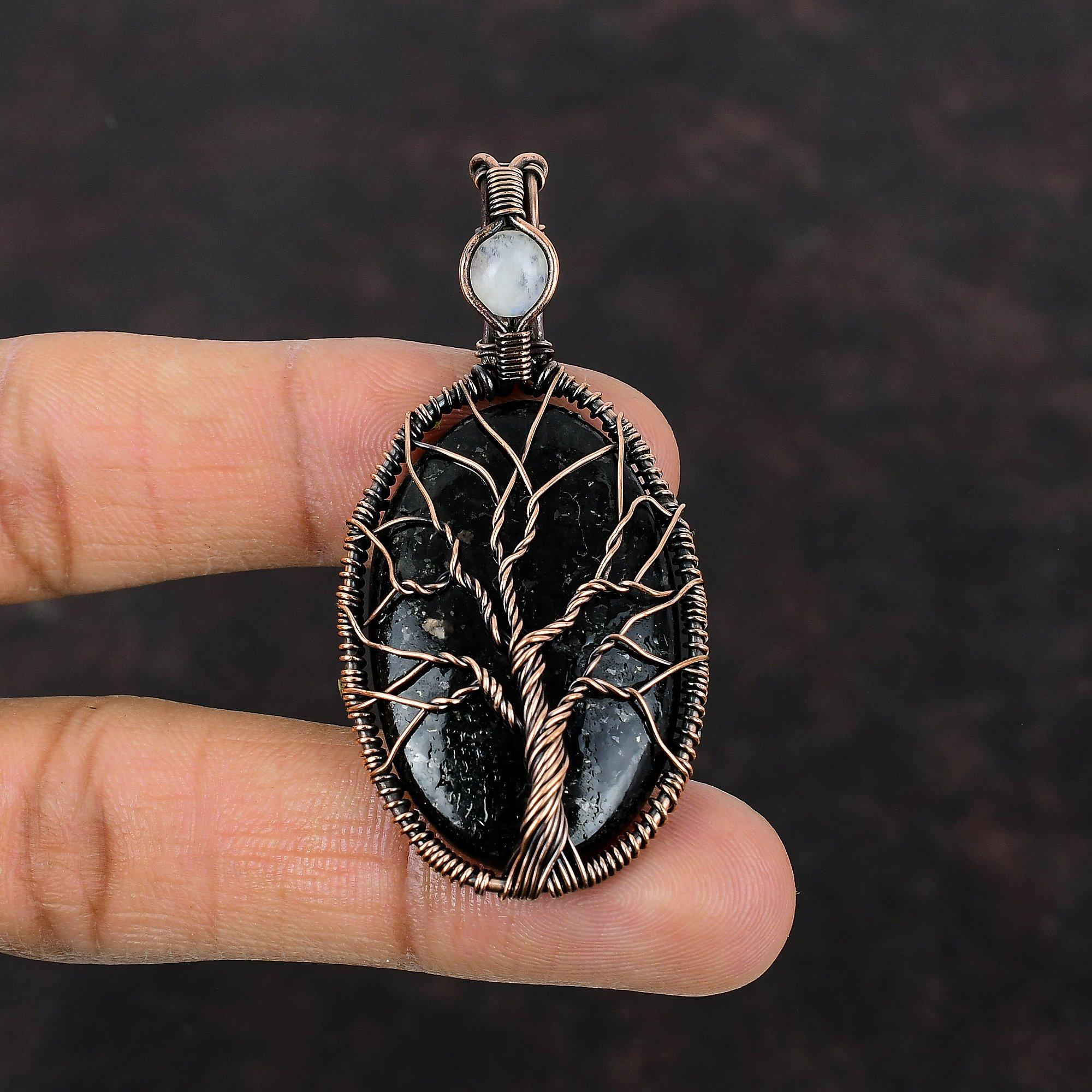 Подвеска из нууммита «Дерево жизни», подвеска из медной проволоки, обернутая драгоценным камнем, ручная работа, обернутая медной проволокой, ювелирное украшение в подарок для нее, подвеска из радужного лунного камня