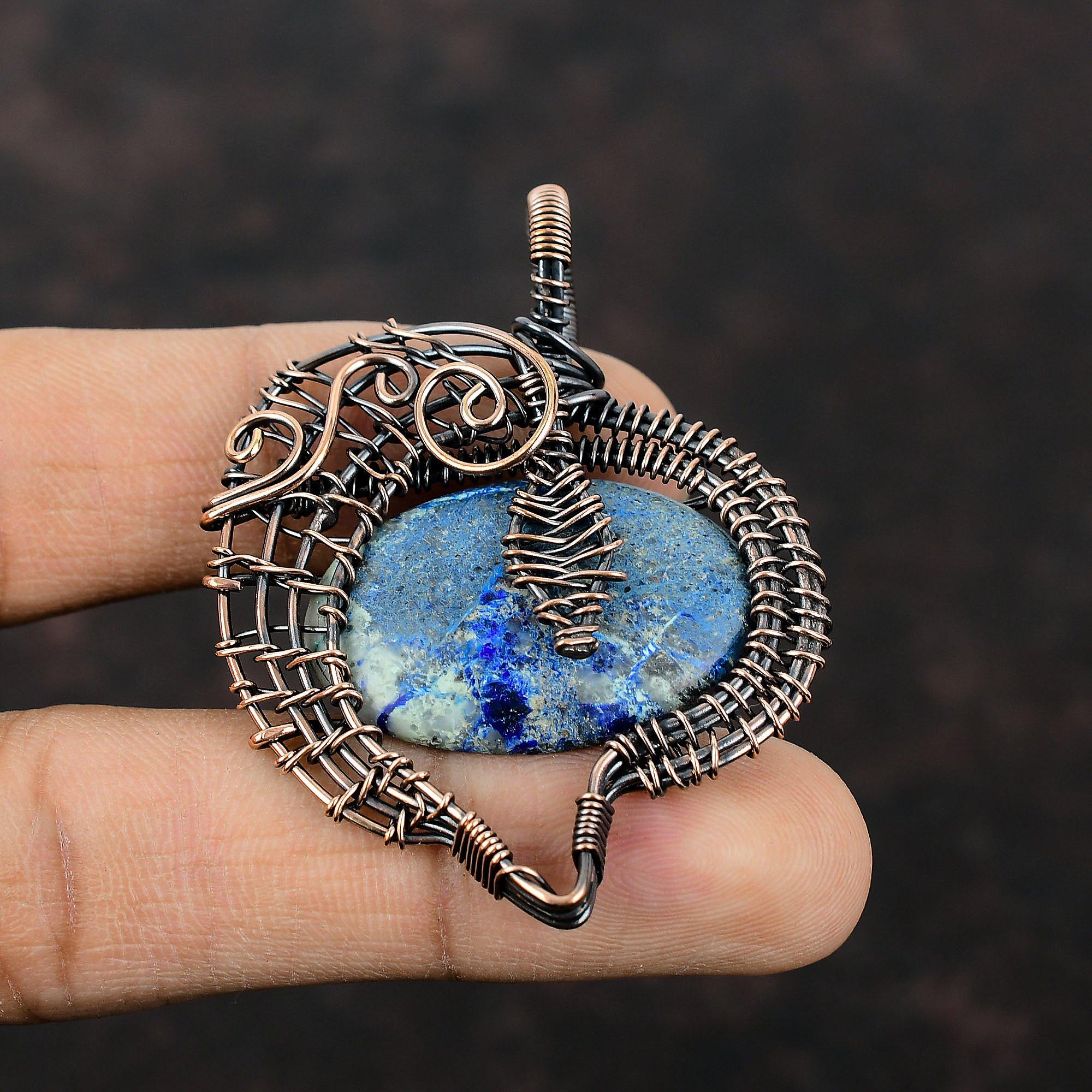 Azurite Malachite Pendant Copper Wire Wrapped Pendant Unique Copper Design Jewelry Handmade Gemstone Pendant Wire Wrap Jewelry Gift For Her
