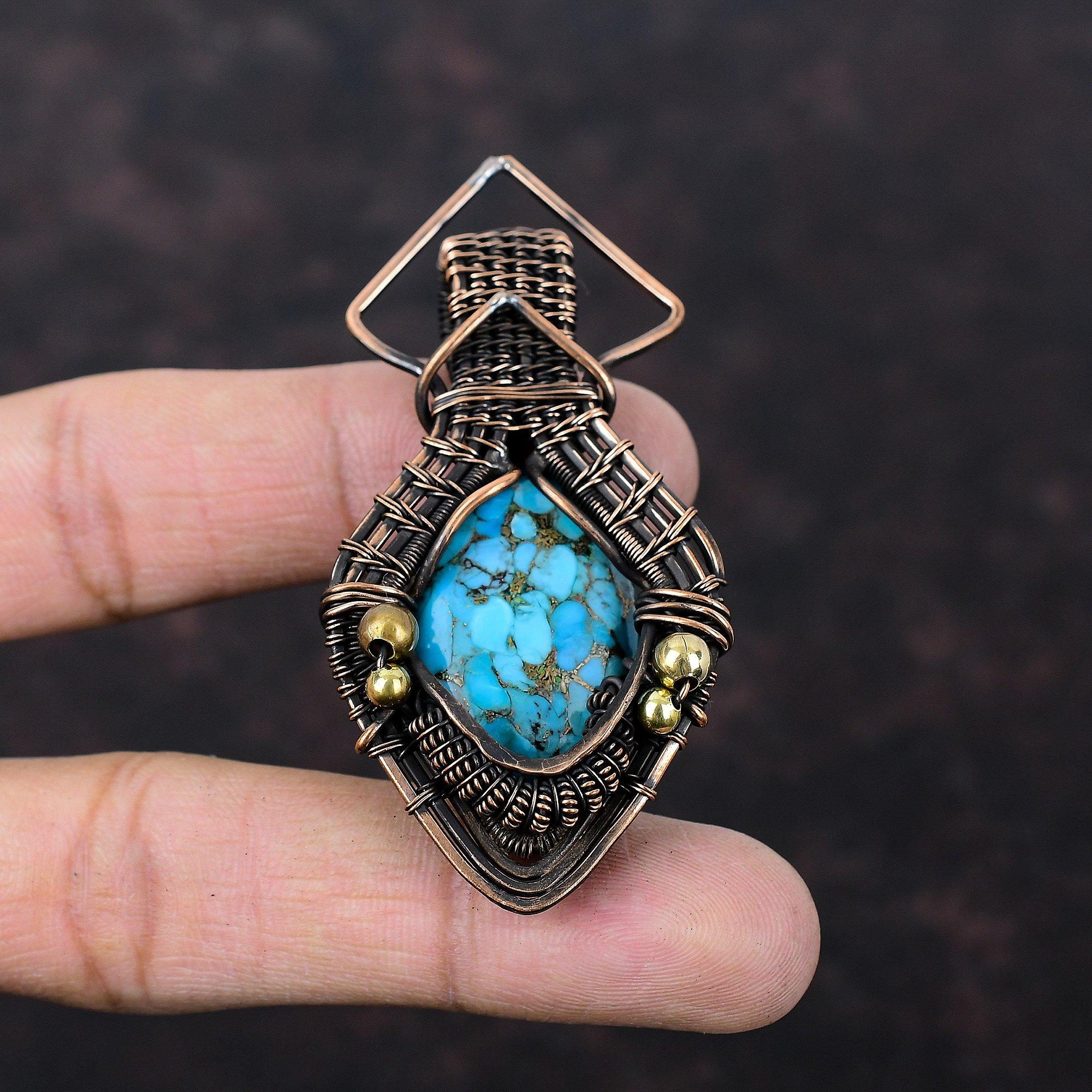 Copper Blue Turquoise Pendant Copper Wire Wrapped Pendant Natural Gemstone Pendant Copper Wire Jewelry Gift For Her Handmade Elegant Jewelry