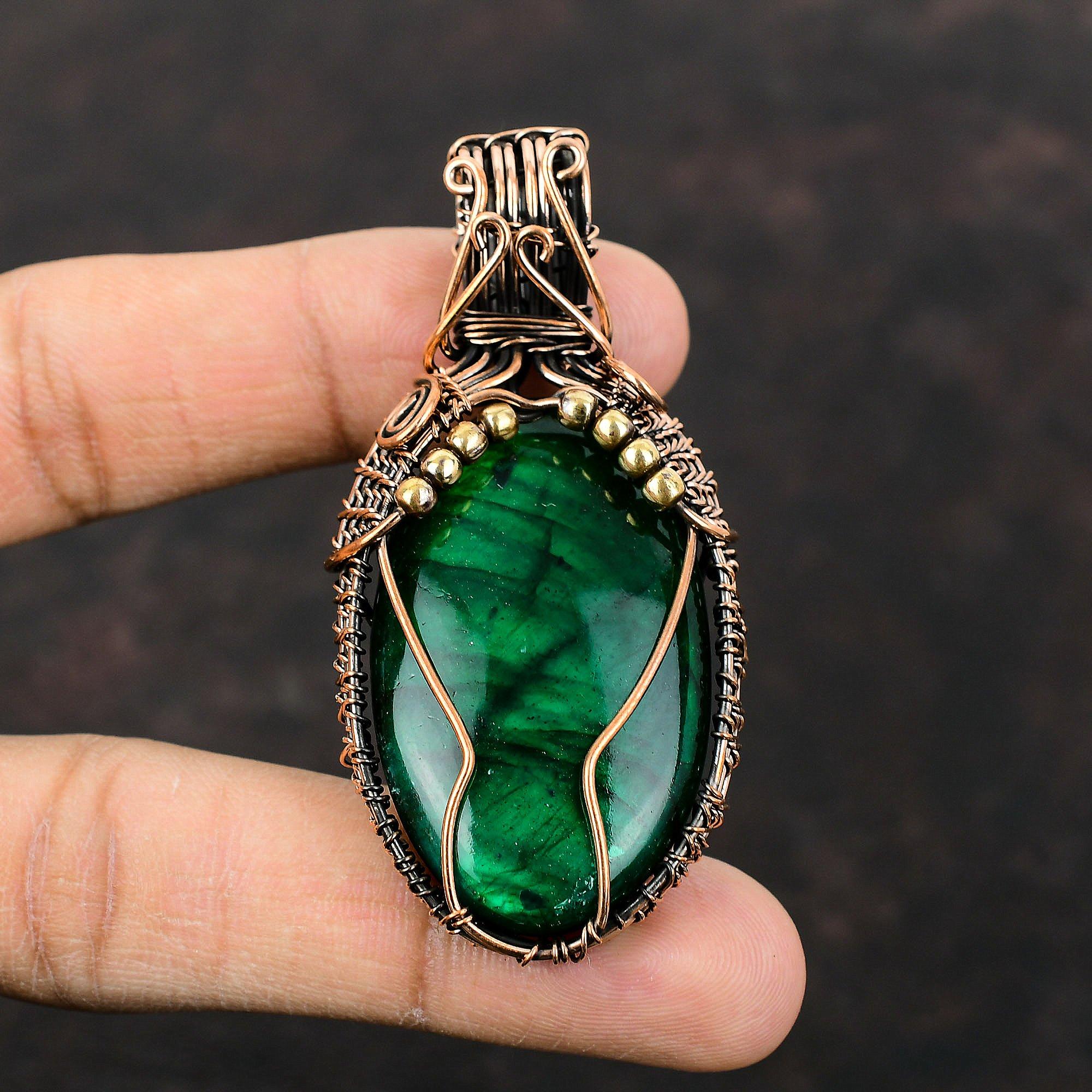Green Fire Labradorite Pendant Copper Wire Wrapped Jewelry Handmade Brand New Pendant Unique Copper Design Pendant Gemstone Pendant For Gift