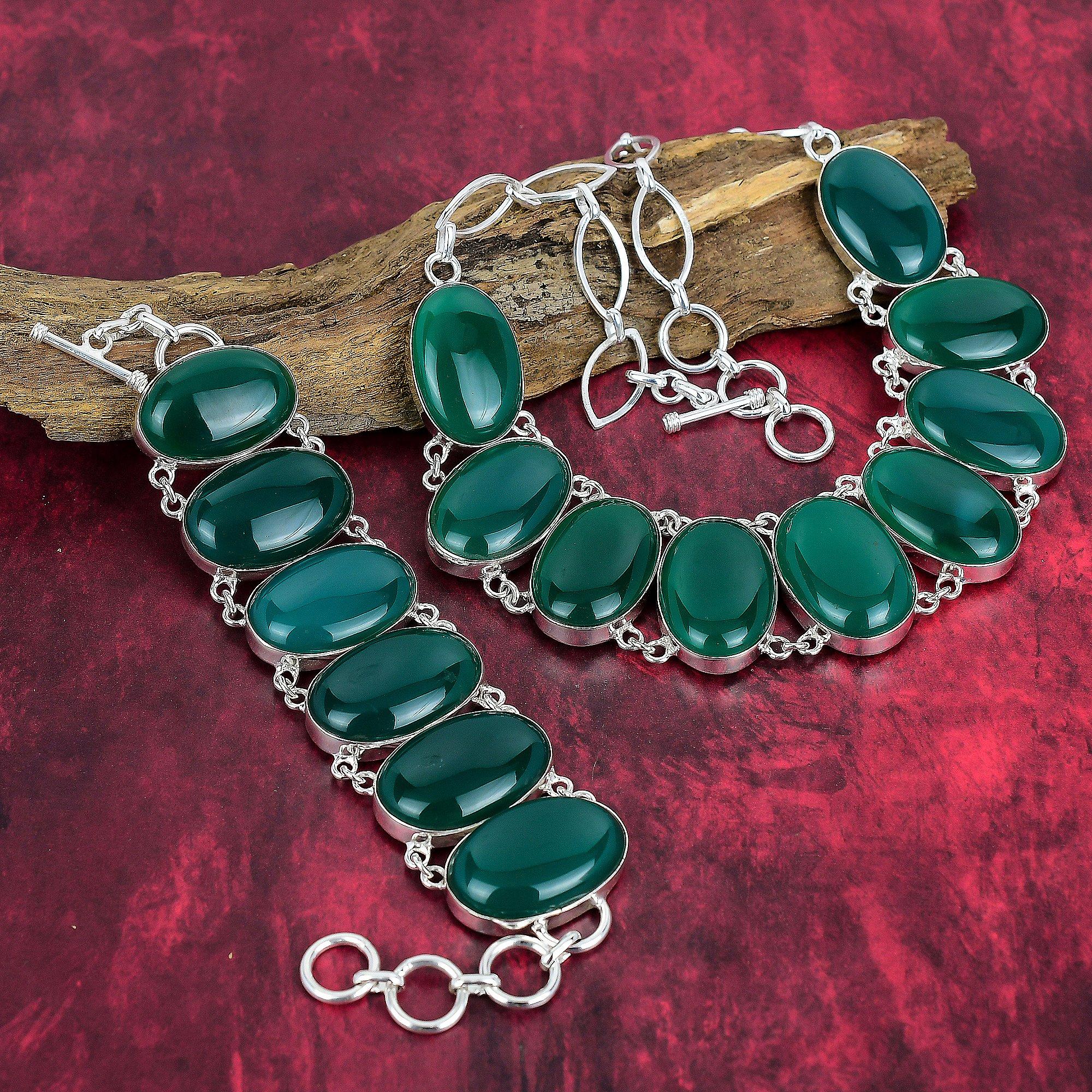 Зеленый оникс, драгоценный камень, комплект ювелирных изделий из стерлингового серебра 925 пробы, ювелирные изделия из ожерелья и браслета ручной работы, регулируемые украшения из натурального оникса для нее