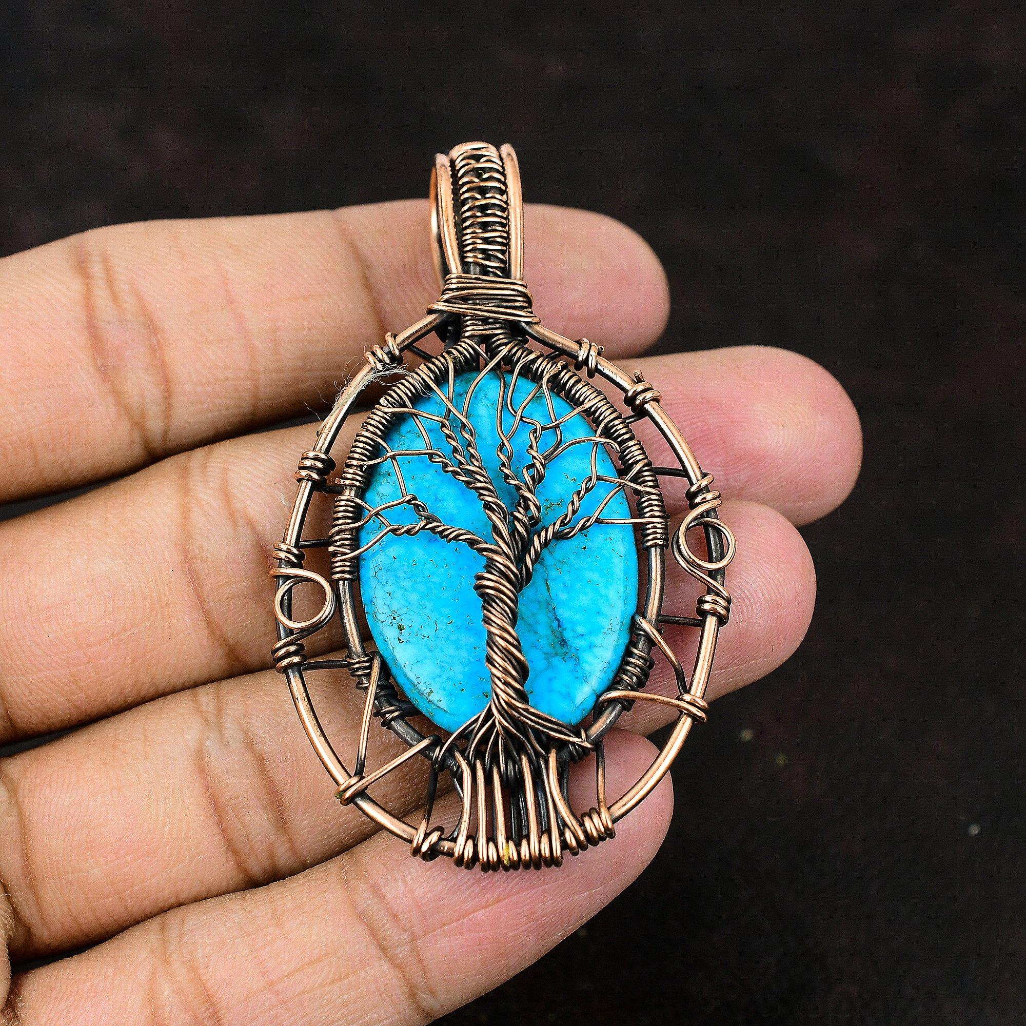 Кулон Древо Жизни с Аризонской бирюзой, обмотанный медной проволокой, ювелирное изделие с драгоценным камнем, кулон ручной работы, подарок для любви, украшение с Аризонской бирюзой