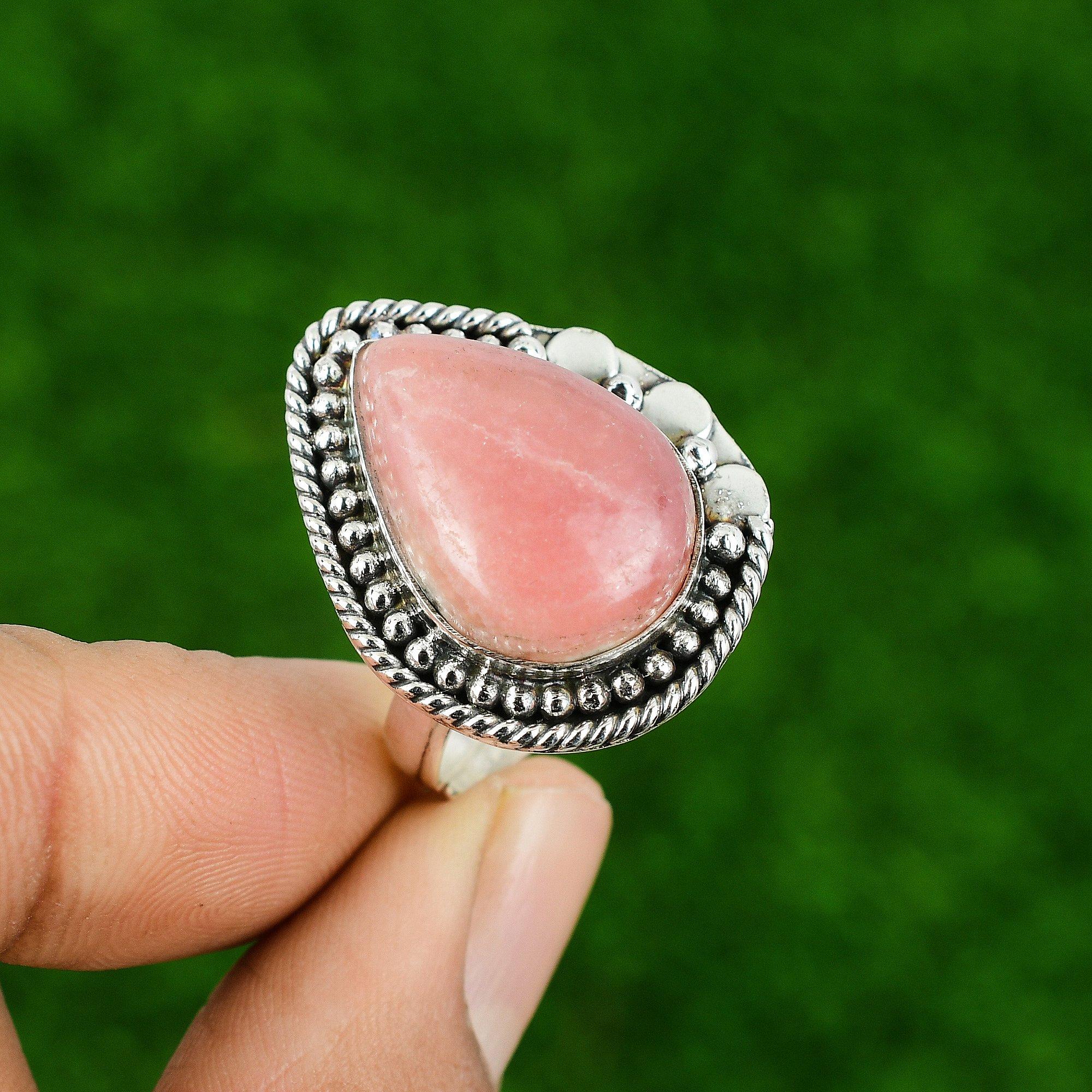 Mothers Day Deal Rhodochrosite Stone Sterling Silver Statement Heart Chakra Ring