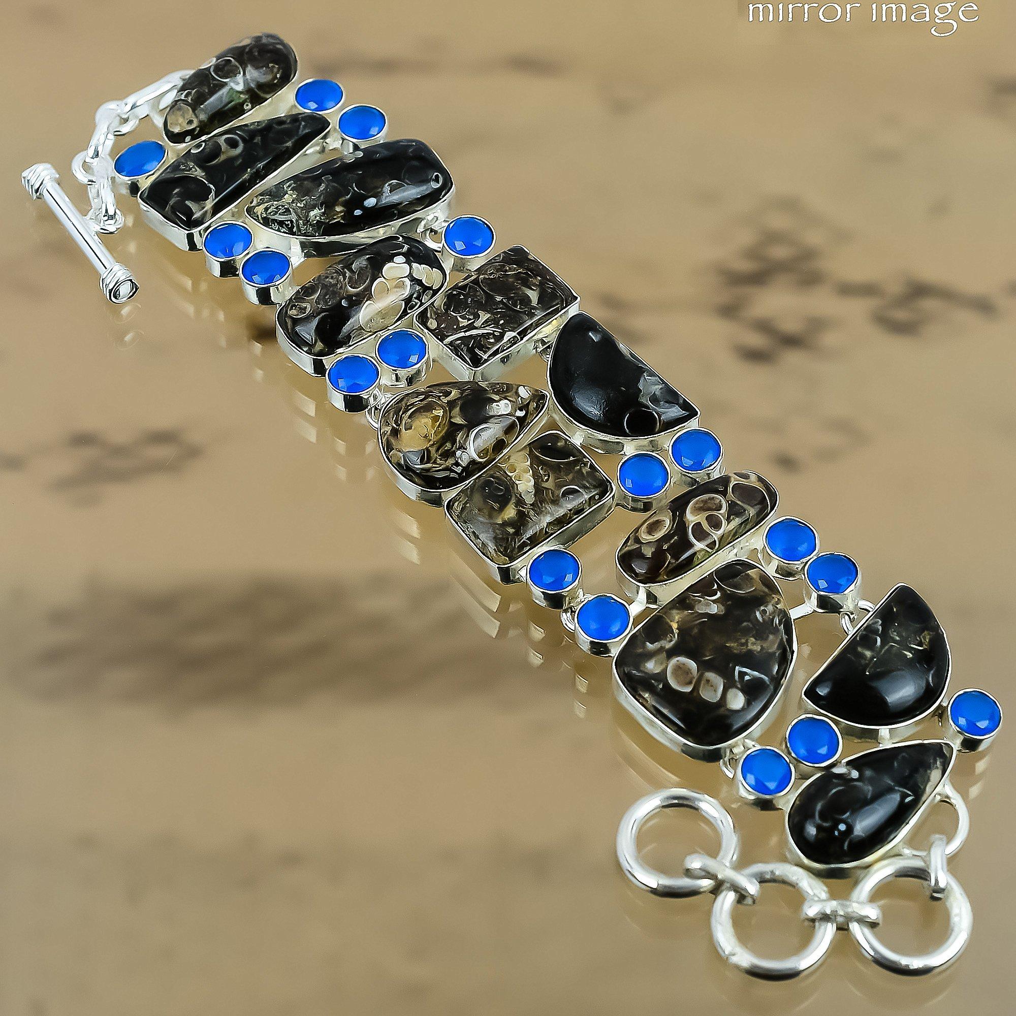 Natural Turritella Agate Gemstone Chain Brown Adjustable Bracelet 925 Silver