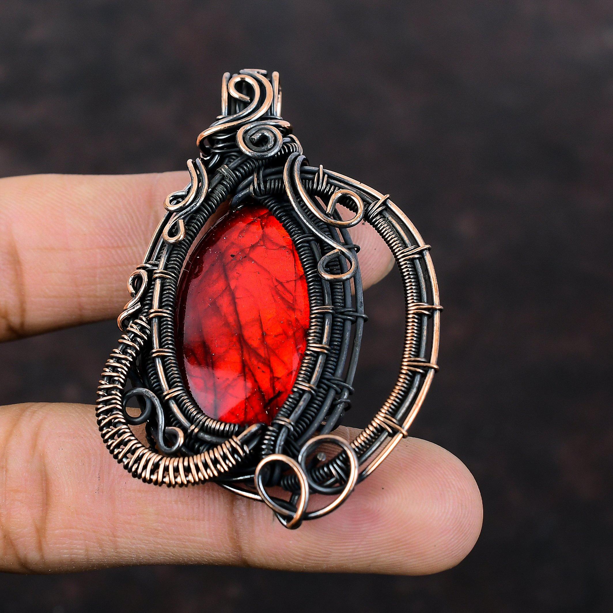 Red Fire Labradorite Pendant Copper Wire Wrapped Gemstone Pendant Red Fire Labradorite Jewelry Handmade Pendant Copper Wire Jewelry For Gift