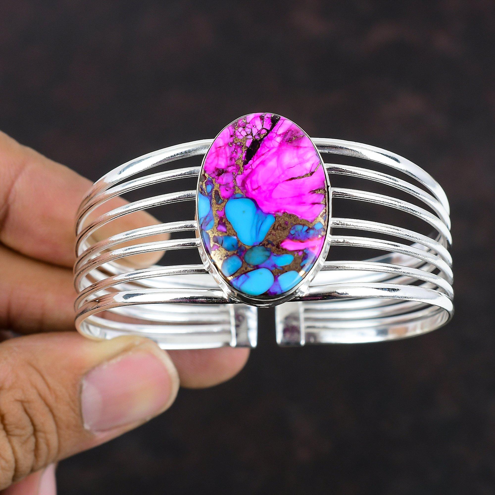 Natural Kingman Pink Dahlia Turquoise Bangle 925 Sterling Silver Adjustable Bangle Original Gemstone Jewelry Handmade Bracelet Gifts For Him