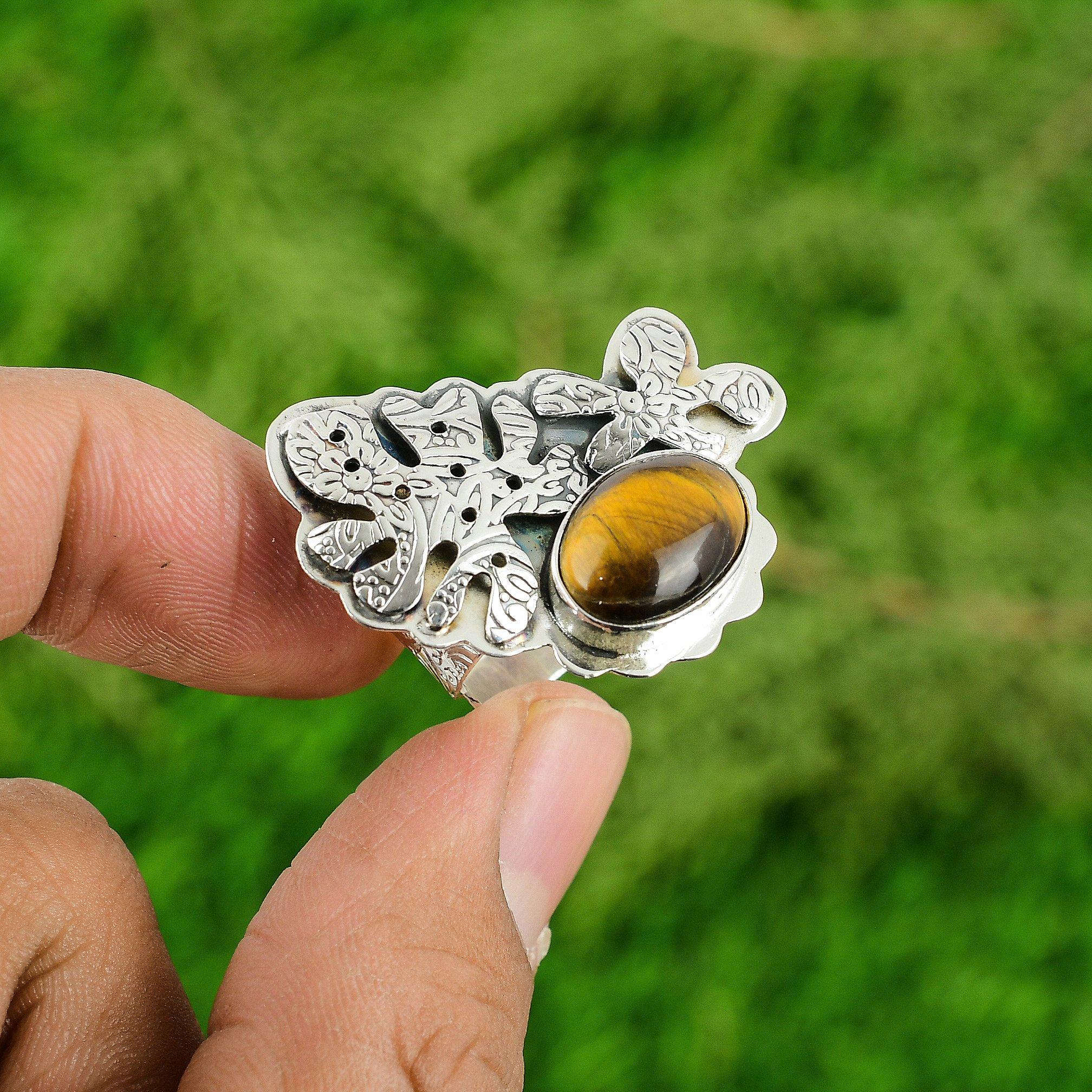 Natural TigerS Eye Gemstone 925 Silver Stackable Adjustable Ring For Girls