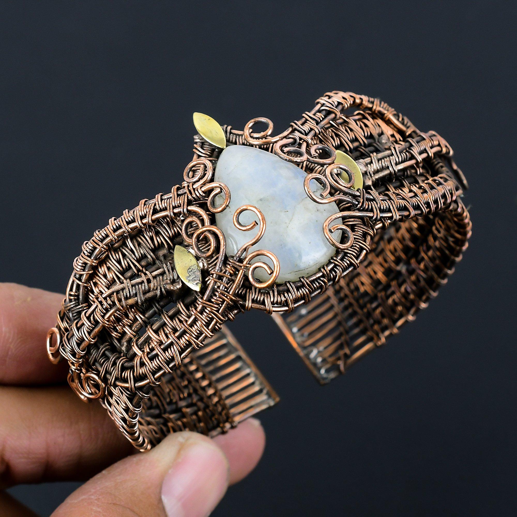 Moonstone Gemstone Handmade Copper Wire Wrap Jewelry Adjustable Bracelet For Women