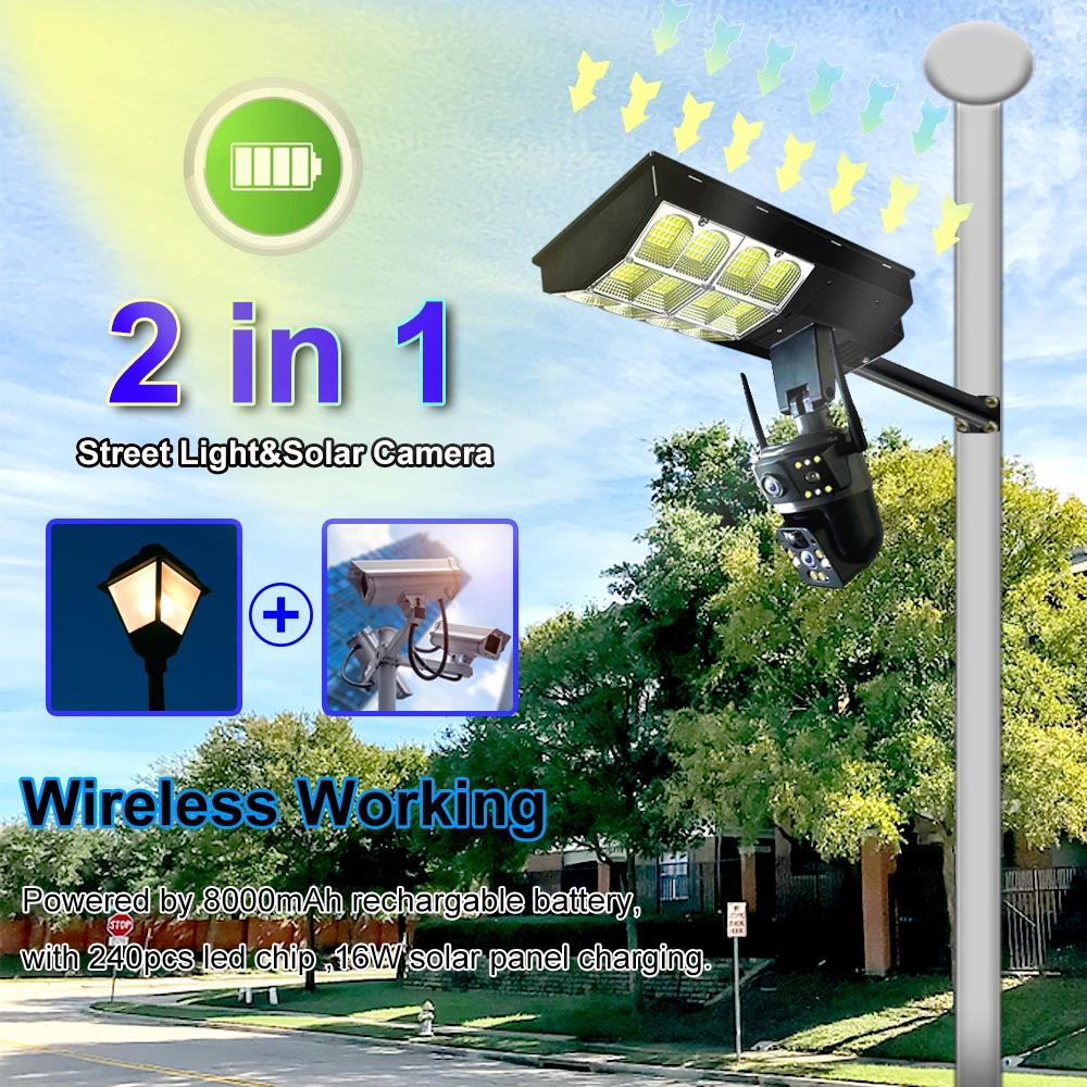 Солнечный уличный фонарь 2-в-1 и 4G/WiFi камера – Многофункциональный двухлинзовый трехсторонний уличный водонепроницаемый осветительный прибор безопасности