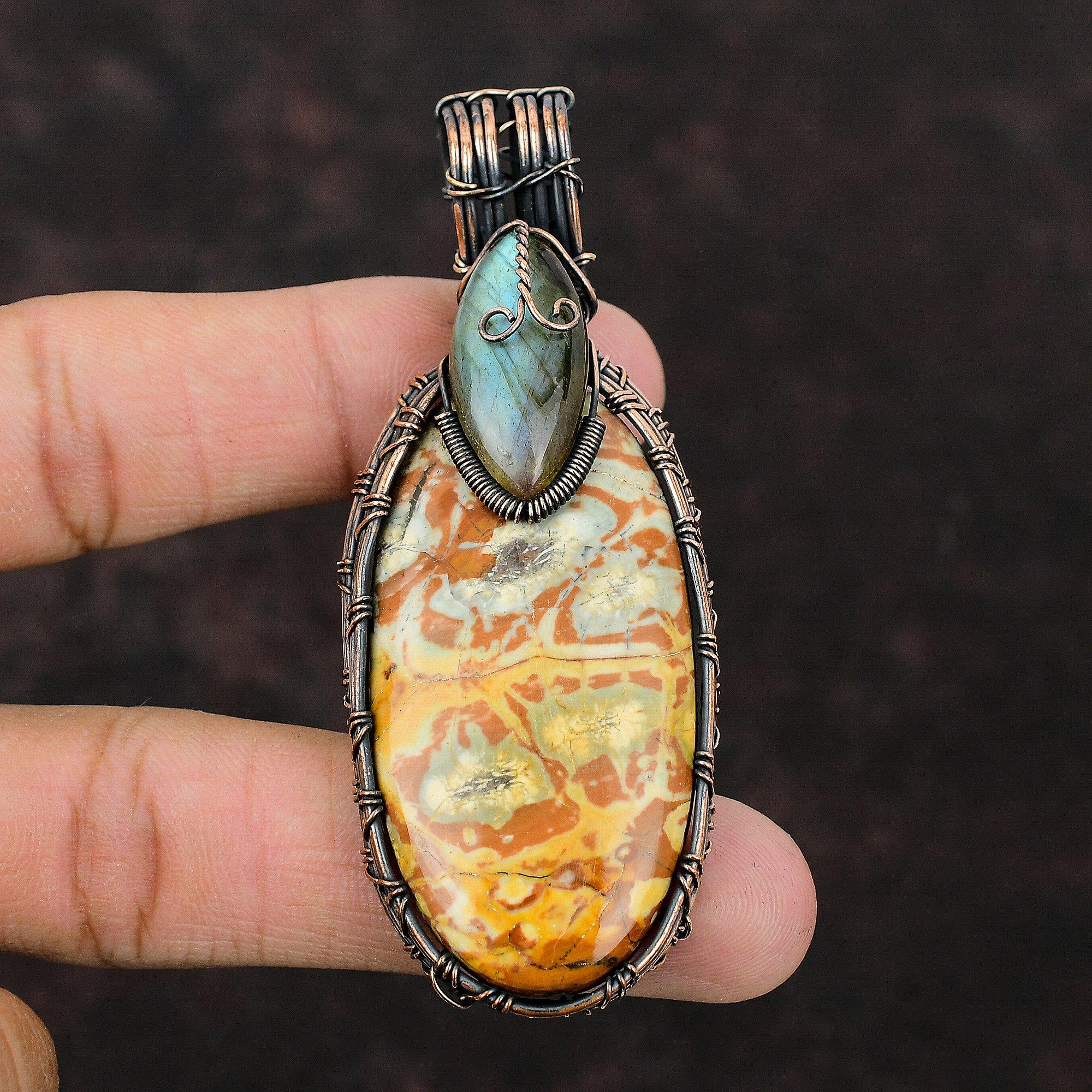 Кулон из яшмы с птичьим глазом, кулон из медной проволоки, кулон ручной работы с драгоценным камнем, медные украшения для подарка, ювелирные изделия из проволочной обмотки, подвеска из лабрадорита