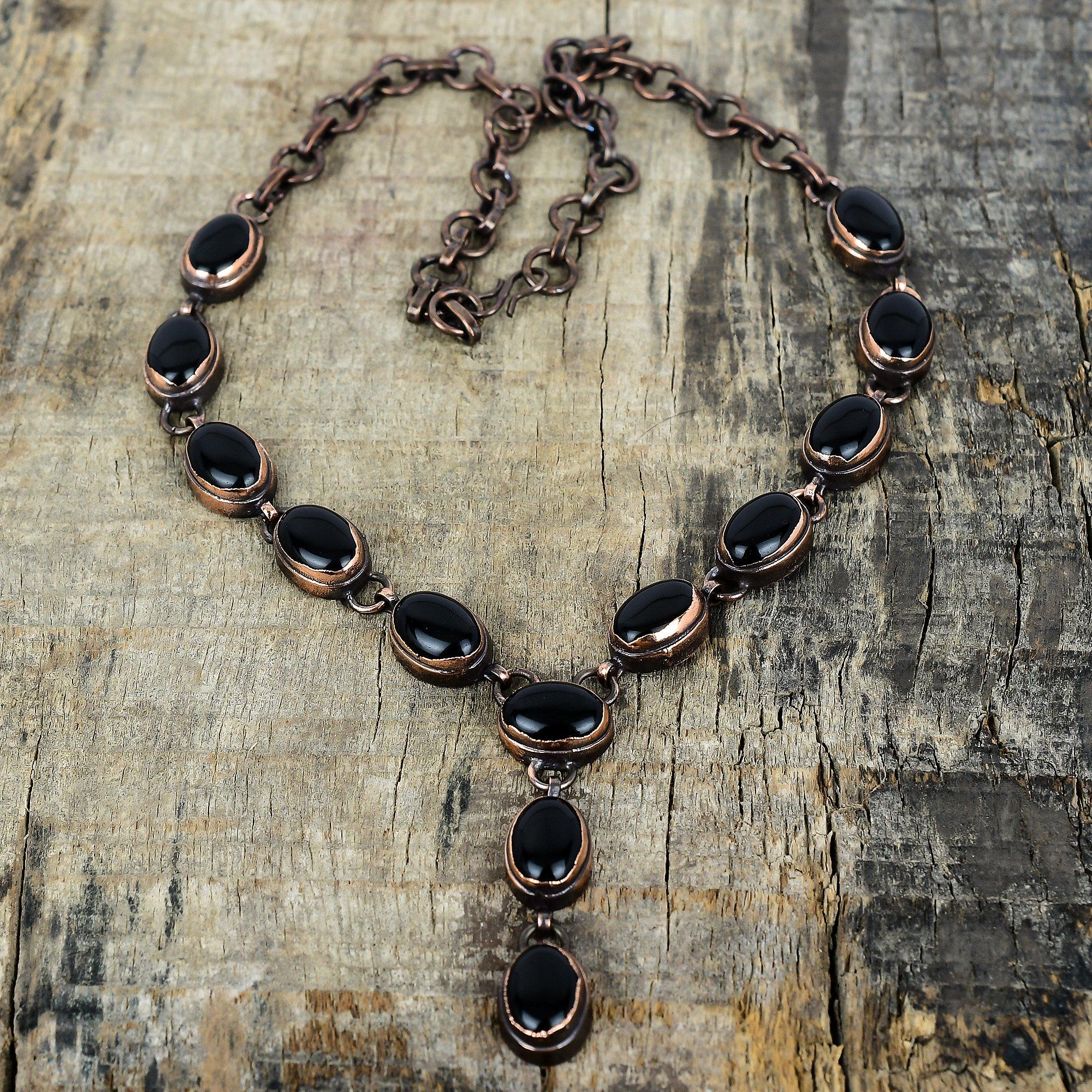 Ожерелье из черного оникса, ожерелье из электроформированной меди, ожерелье с регулируемой цепочкой, элегантные медные украшения, ожерелье из драгоценных камней ручной работы, свадебные подарки