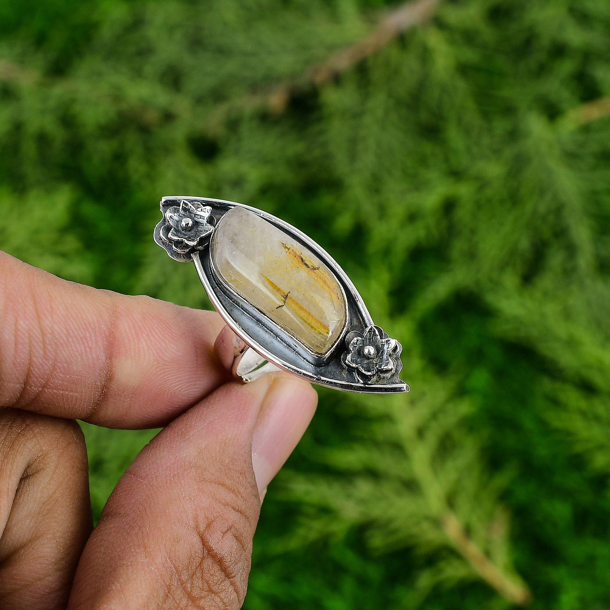 Golden Rutile Gemstone 925 Sterling Silver Elegant Stackable Flower Ring Jewelry