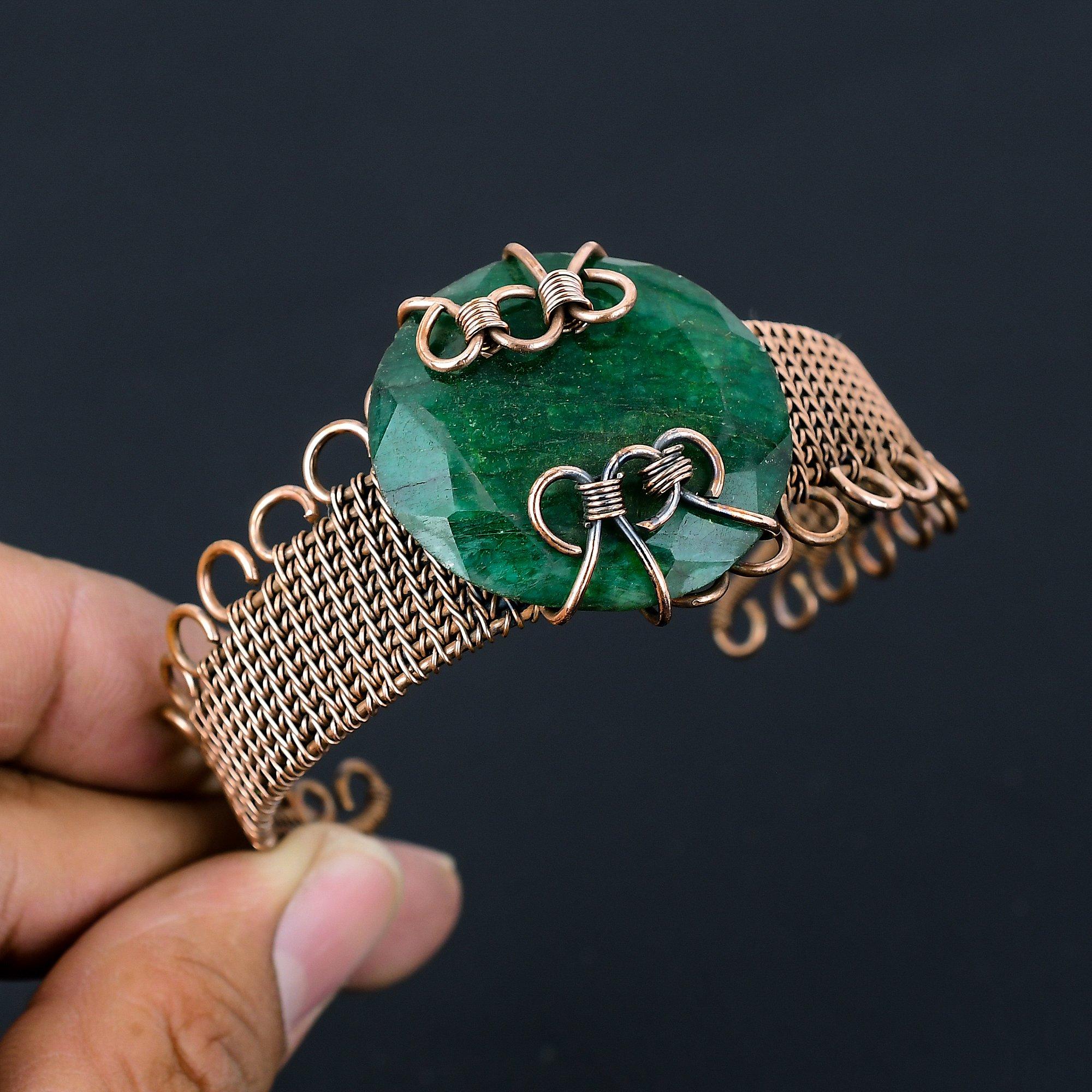 Lab-Created Emerald Gemstone Pure Copper Wire Wrapped Handmade Cuff/ Bangle Jewelry