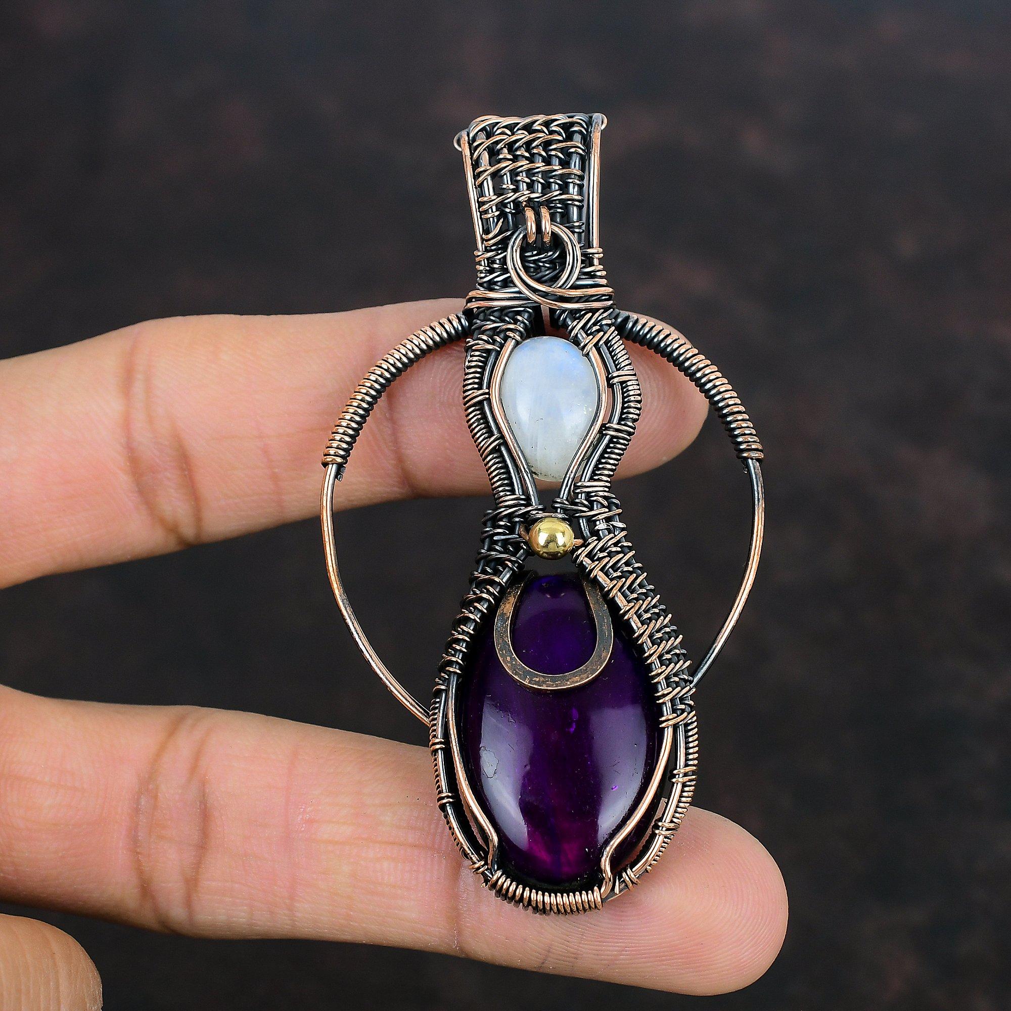 Кулон из фиолетового огненного лабрадорита, медная проволока, ювелирное изделие ручной работы, кулон из радужного лунного камня, драгоценный камень, медное ювелирное изделие, подарок для жены