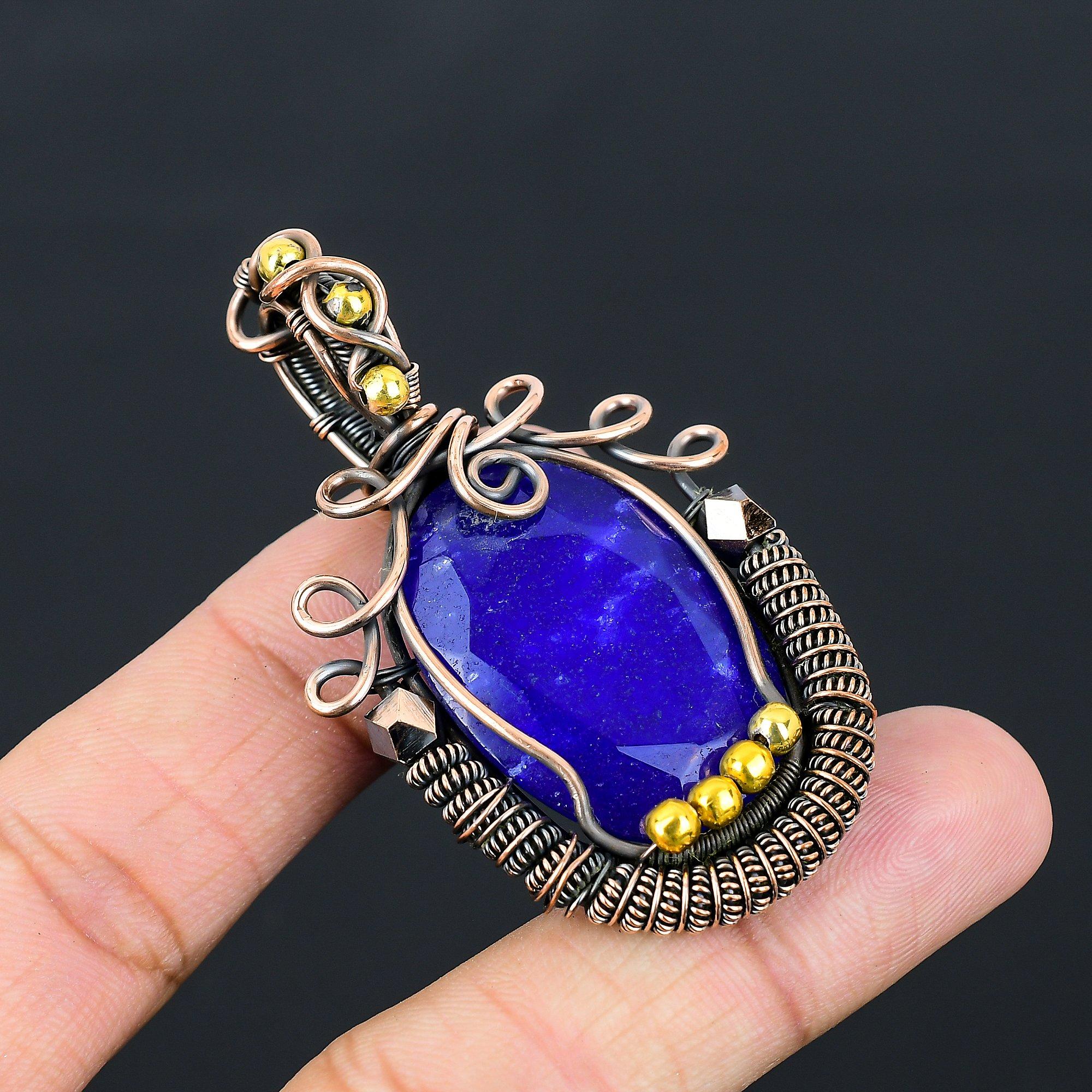 Великолепный синий сапфировый драгоценный камень, созданный в лаборатории, чистая медная проволока, обернутая ювелирными изделиями ручной работы