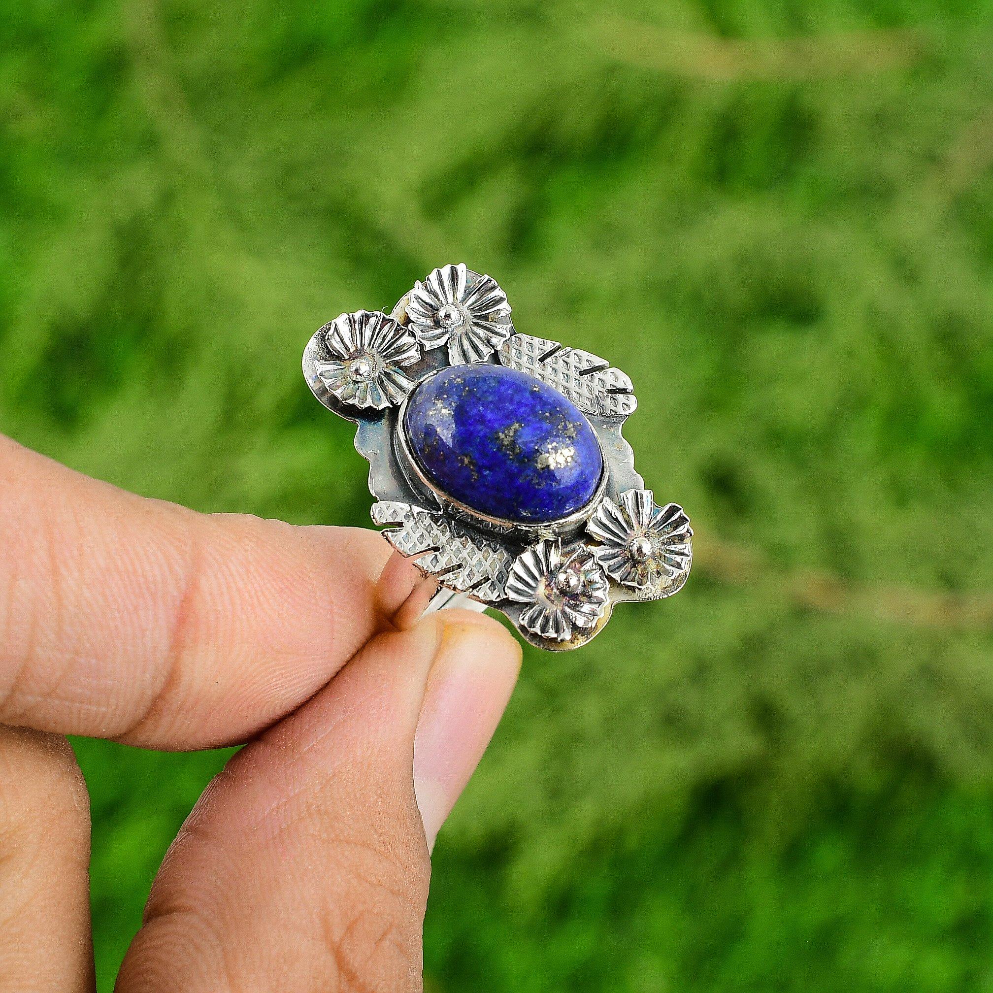 Gift For Her Natural Lapis Lazuli Promise Flower Adjustable Ring 925 Silver