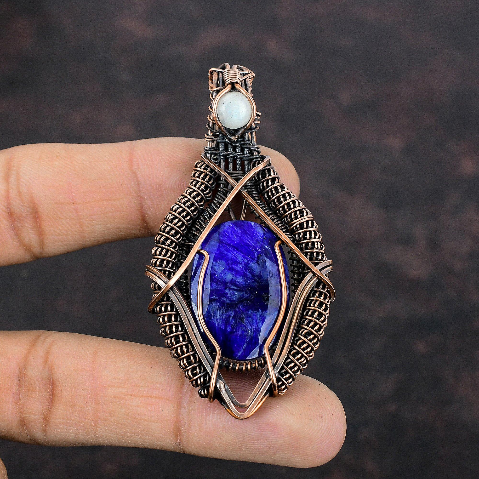 Ограненный Синий Сапфир Кулон Медная Проволока Обернутые Ювелирные Изделия Кулон Драгоценного Камня Радуга Лунный Камень Медный Кулон Ювелирные Изделия Ручной Работы Подарок На Помолвку