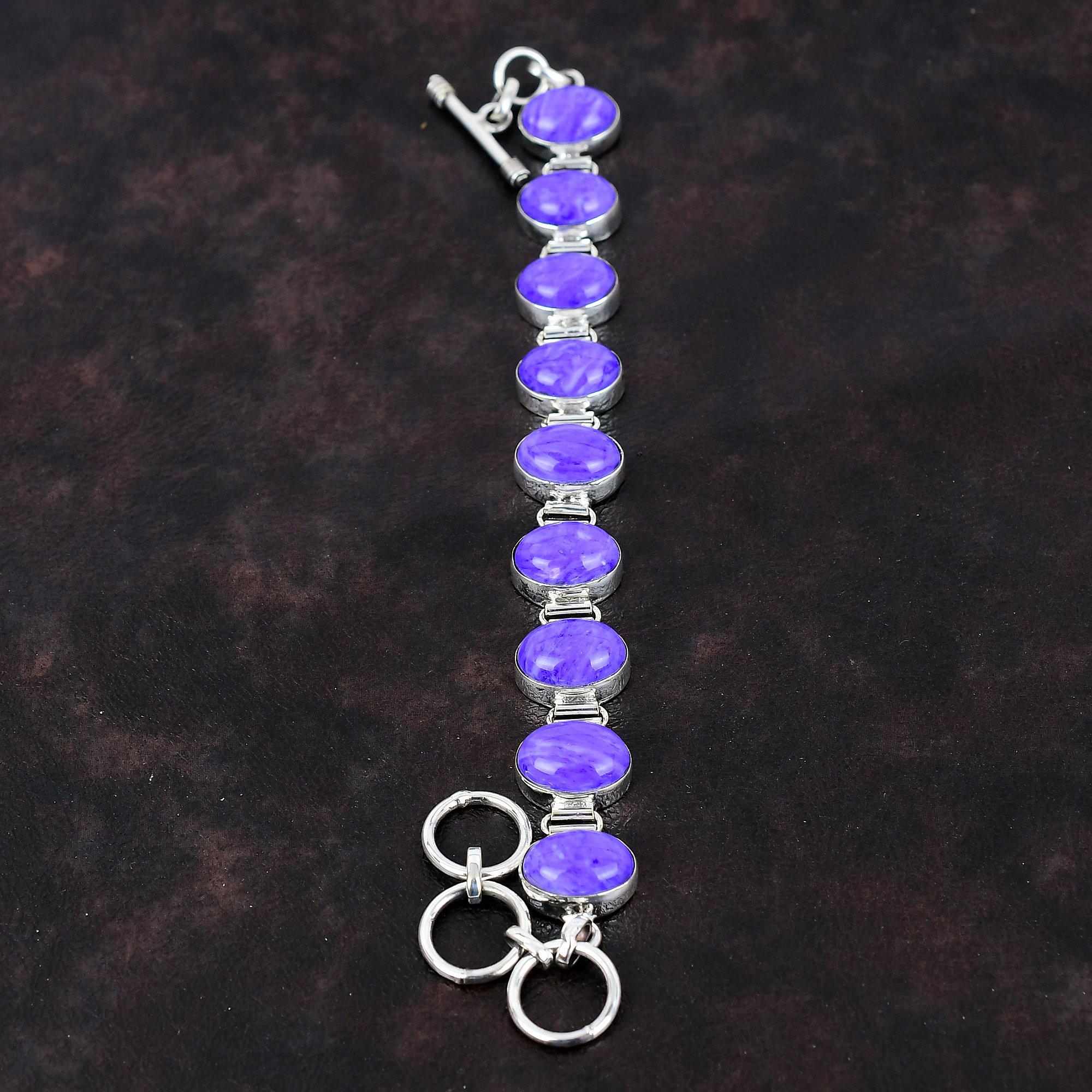 Браслет с чароитом Оригинальный браслет из драгоценных камней Браслет из стерлингового серебра 925 пробы Ювелирные изделия ручной работы Регулируемый браслет-цепочка Уникальные украшения для подарка