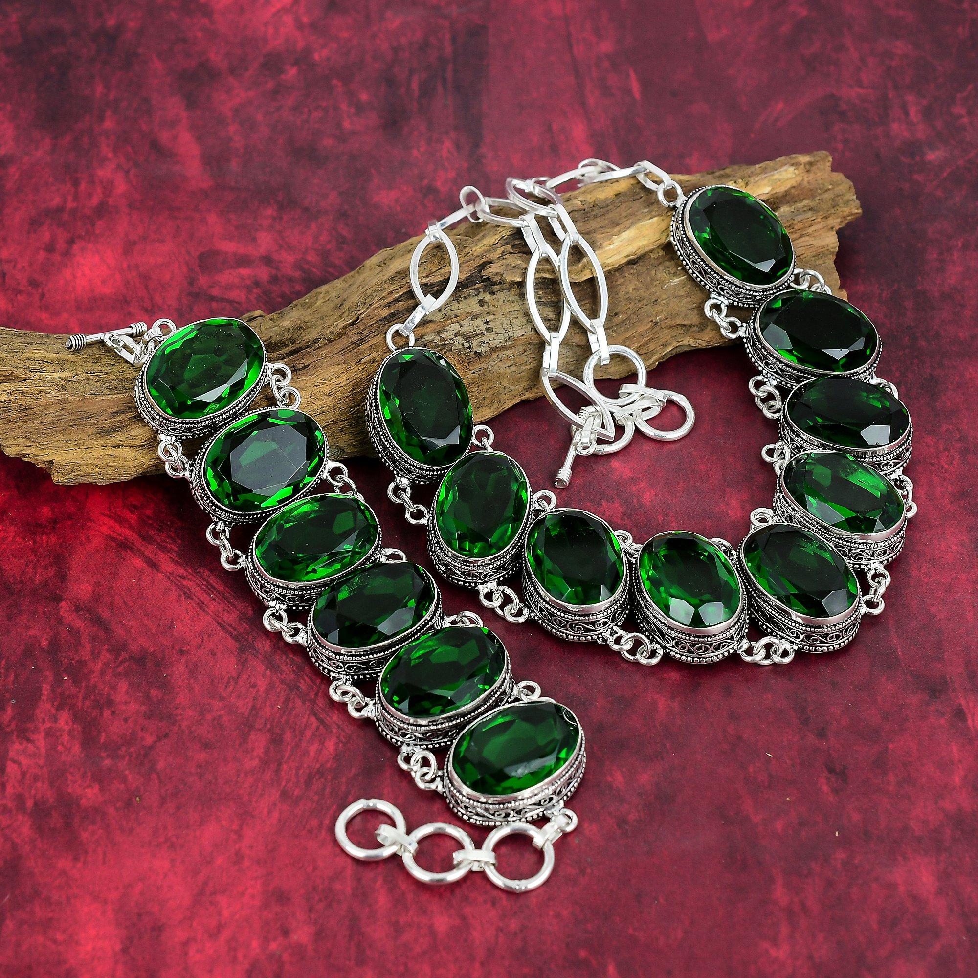 Ювелирные изделия из хромдиопсида, ювелирные изделия ручной работы из стерлингового серебра 925 пробы, уникальный комплект ювелирных изделий для женщин с браслетом и ожерельем