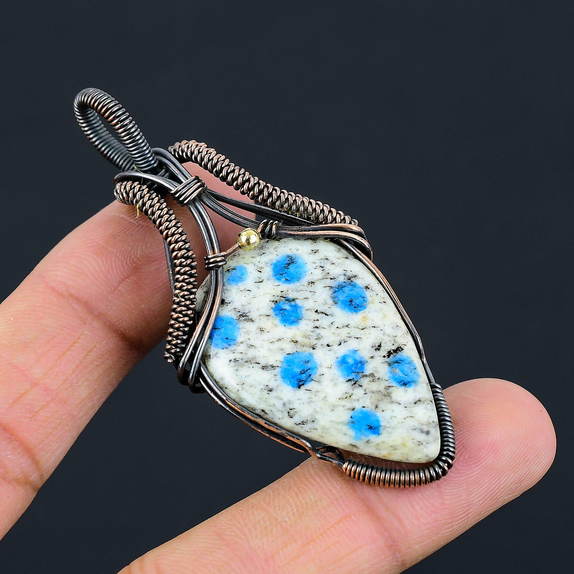 K2 Azurite Gemstone Pure Copper Wire Wrapped Handmade Pendant Jewelry