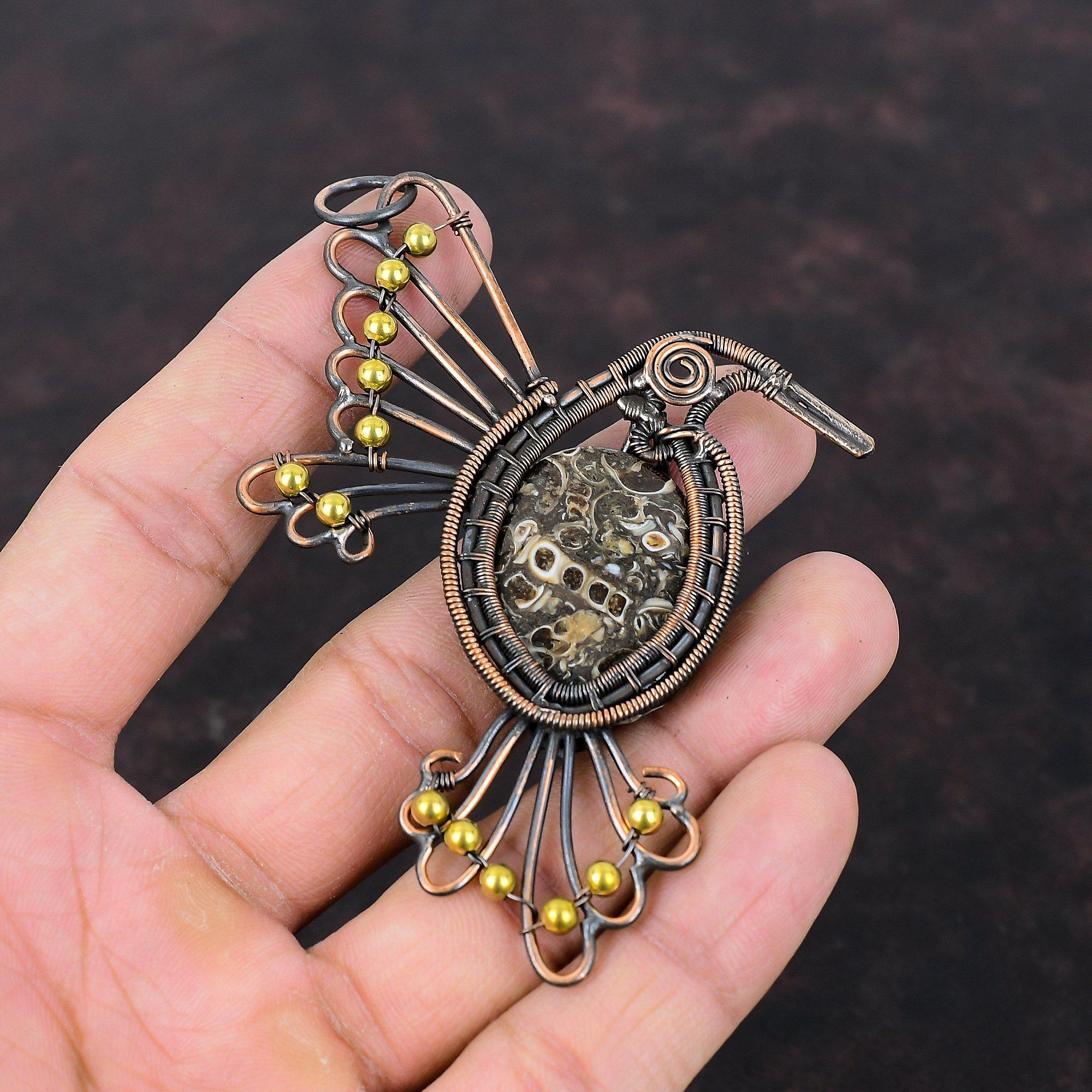 Кулон из агата туррителлы, кулон, обернутый медной проволокой, кулон с драгоценным камнем, кулон в виде птицы, медные украшения, подарок на помолвку, украшения ручной работы в технике wire wrap