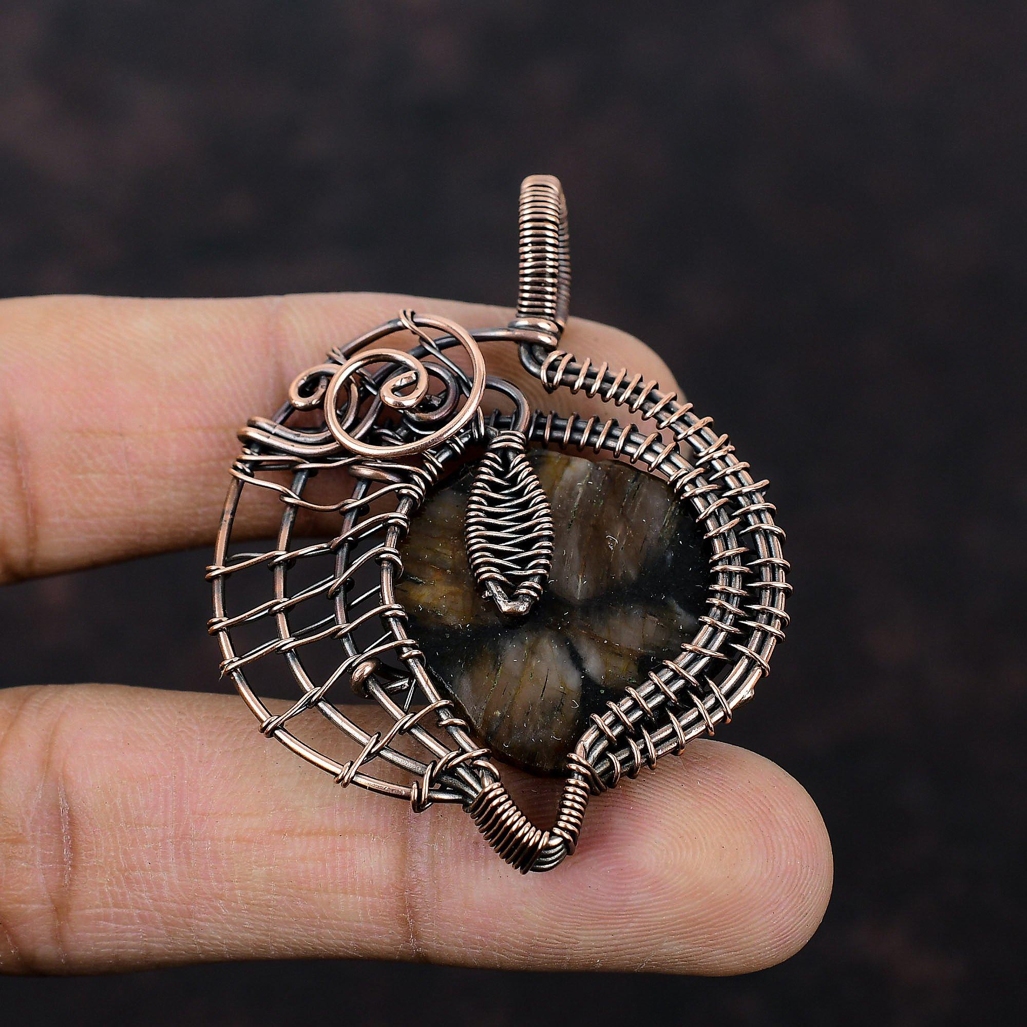 Подвеска с киастолитом, обернутая медной проволокой, подвеска ручной работы, украшения с киастолитом, украшения из медной проволоки, оригинальная подвеска с драгоценным камнем, свадебный подарок