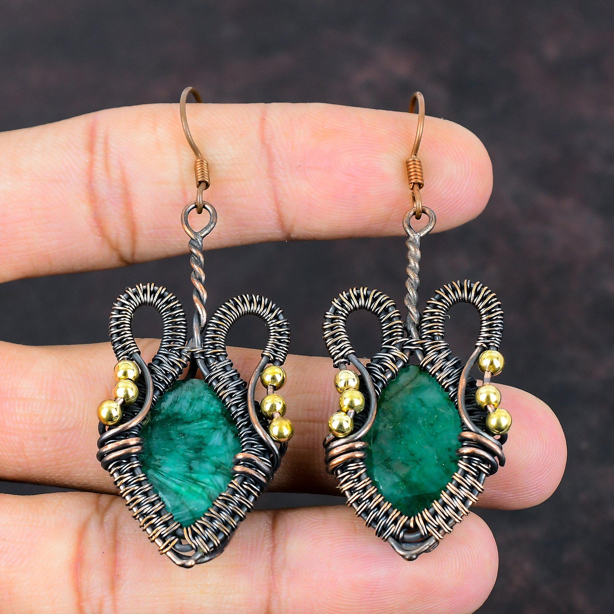 Граненые серьги с замбийским изумрудом, медная проволока, серьги ручной работы, антикварные ювелирные изделия, серьги с драгоценными камнями, свадебный подарок, медная проволока, ювелирные изделия