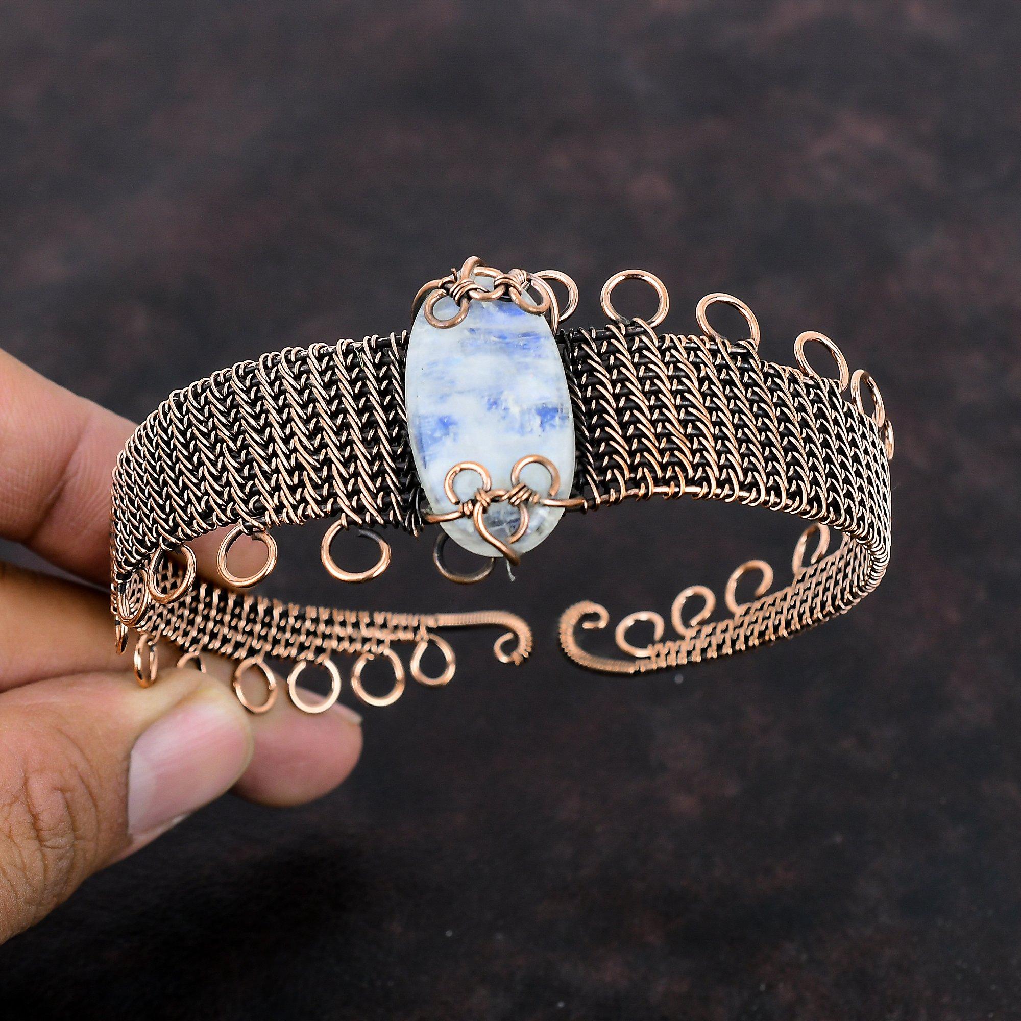 Радужный браслет из лунного камня, драгоценный камень, браслет-манжета из медной проволоки, ювелирные изделия ручной работы, регулируемый браслет, ювелирные изделия из медной проволоки, подарок на годовщину