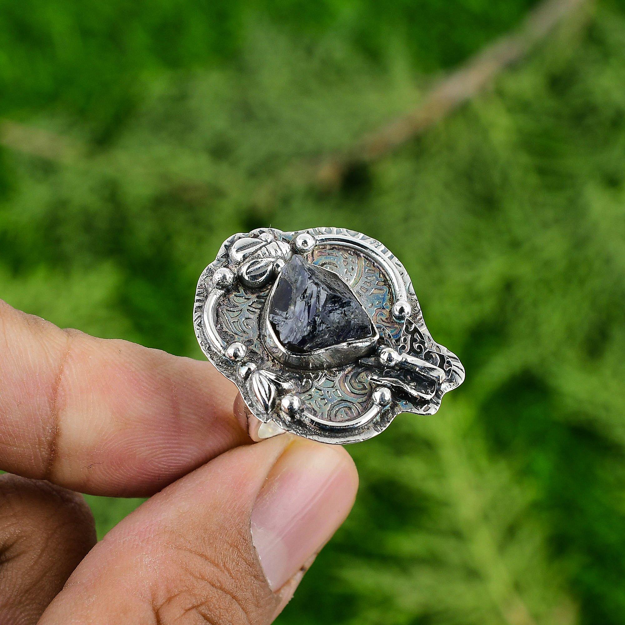 Gift For Her Natural Tanzanite Quartz Rough Promise Adjustable Ring 925 Silver