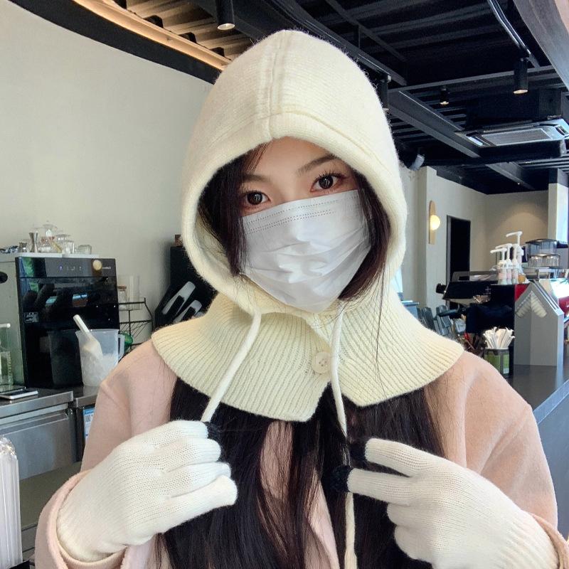 Winter Outdoor Warmer Balaclava Hats Women Girls Knitted Hooded Hats Scarf and Gloves Set Drawstring One-piece Neck Collar Beanies Caps
