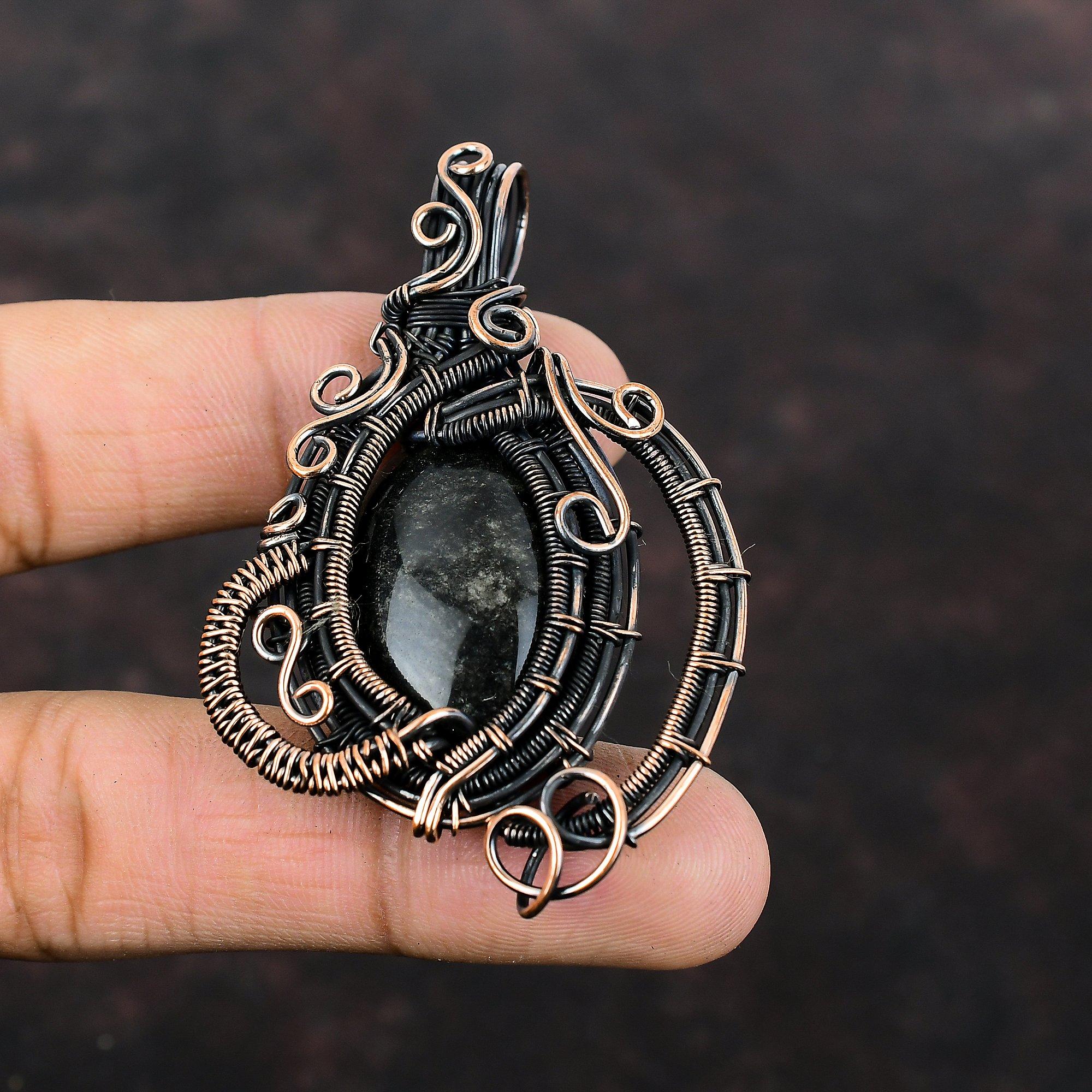 Серебряный блеск обсидиановый кулон Медная проволока Кулон Оригинальный кулон с драгоценным камнем Медные украшения Стильный кулон Ювелирные изделия ручной работы для подарка