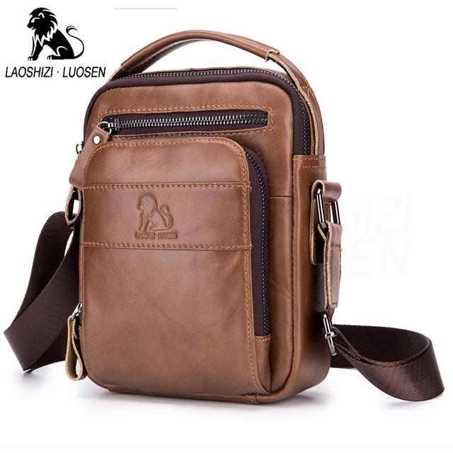 LAOSHIZI Genuine Cow Leather Messenger Bags Men Flap Casual Solid Handbags Shoulder Crossbody Bag Shoulder Bag