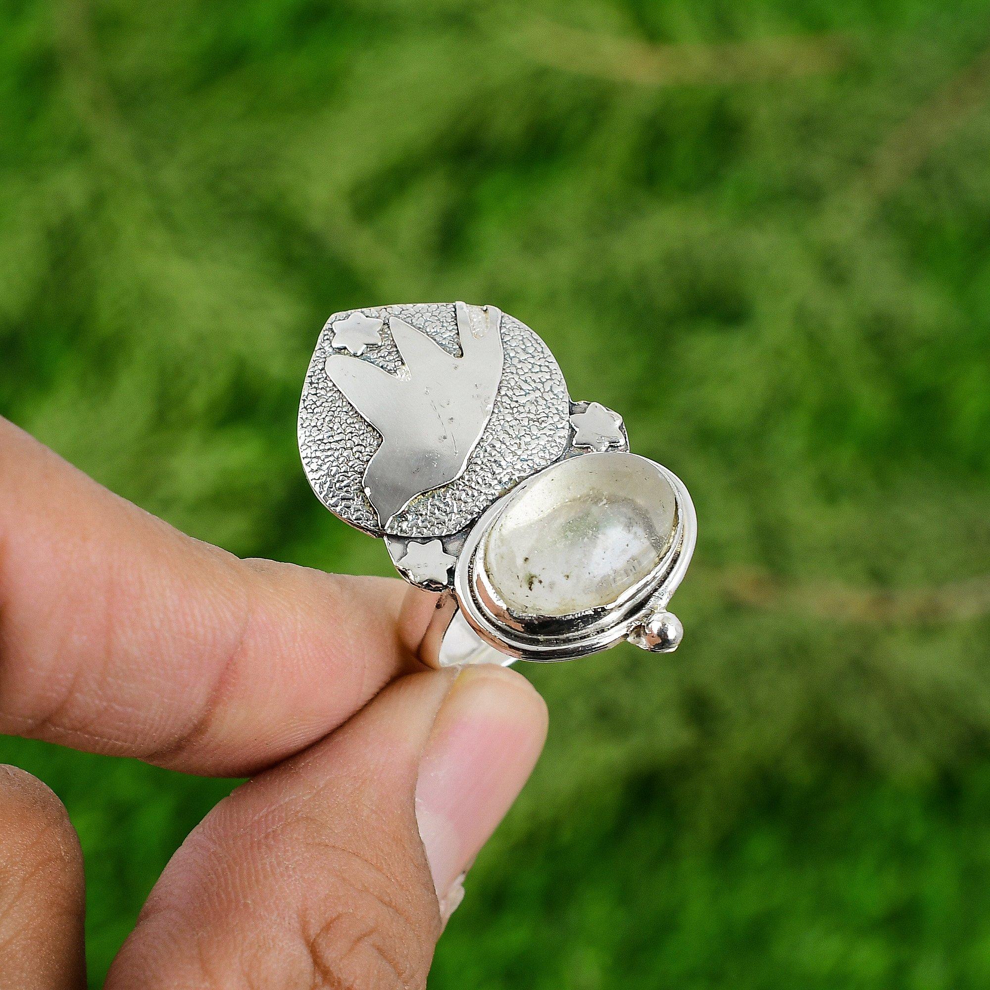 Natural Moonstone Gemstone Stackable Bird White Adjustable Ring 925 Silver