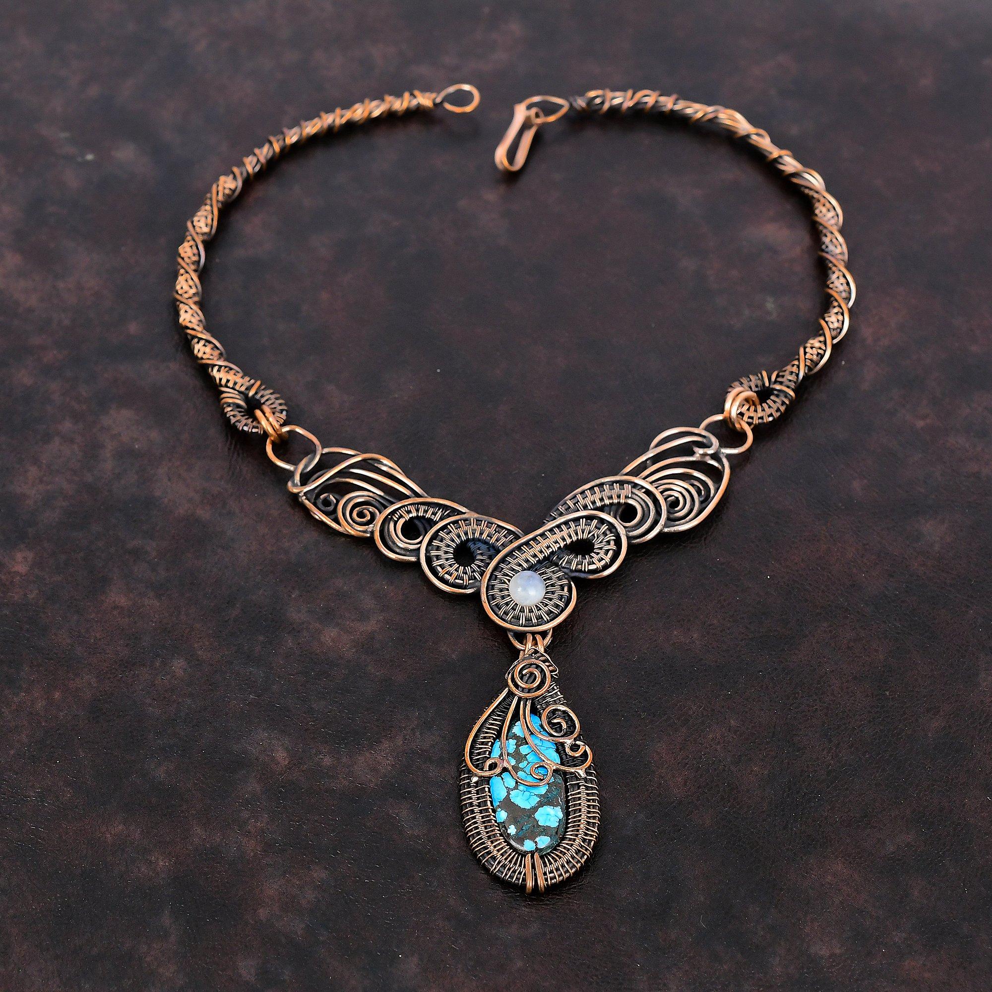 Тибетское бирюзовое ожерелье, ожерелье из медной проволоки, ювелирные изделия ручной работы из драгоценных камней, ожерелье из радужного лунного камня, подарок для мамы, ювелирные изделия из проволочной обмотки