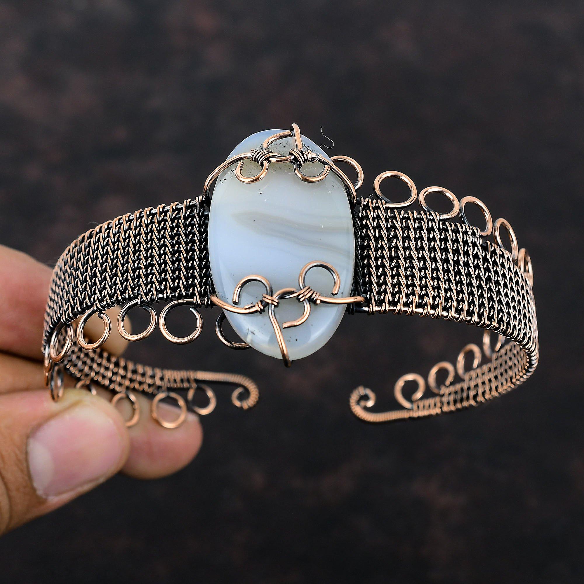 Botswana Agate Copper Bangle Copper Wire Wrapped Jewelry Handmade Gemstone Cuff Bracelet Adjustable Bangle Copper Wire Bangle Gift For Women