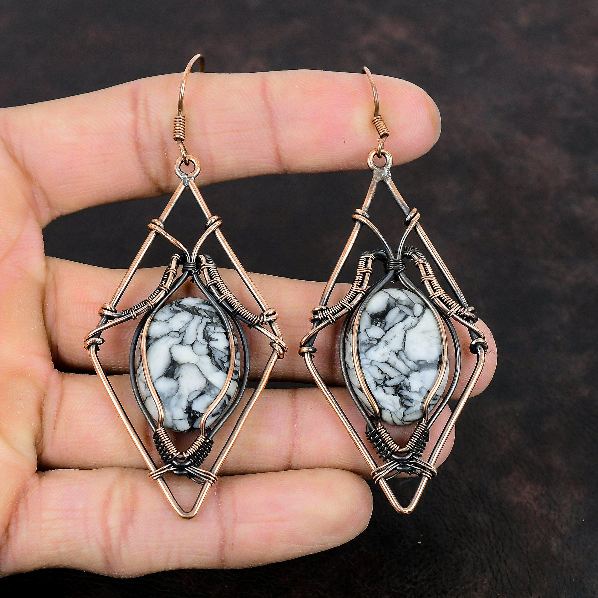 Серьги Pinolith Jasper Медная проволока Серьги в обертке Ювелирные изделия из драгоценных камней Дизайнерские серьги ручной работы Pinolith Jasper Медные украшения Подарки для мамы