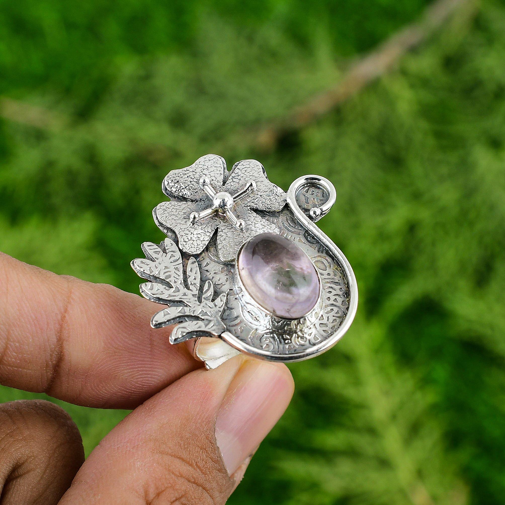 Цветок Обещания Регулируемое Кольцо 925 Проба Натуральный Африканский Аметист