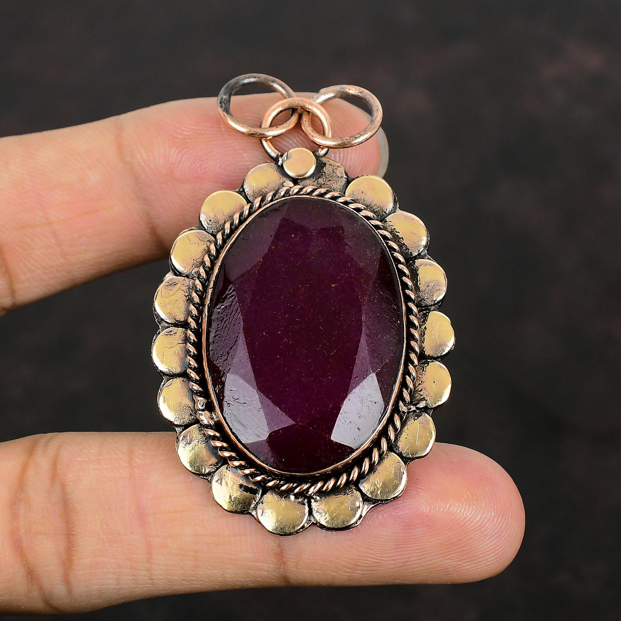 Граненый кашмирский рубиновый кулон Медный кулон Драгоценный камень Кулон ручной работы Антикварные ювелирные изделия Совершенно новый кулон Медные украшения для мамы Подарки для него