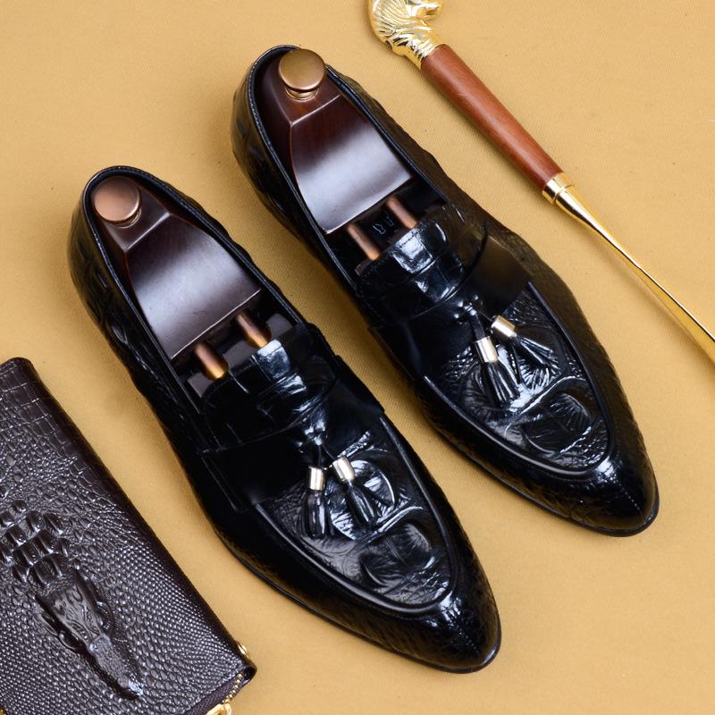 British Pointed Leather Shoes Men'S Genuine Leather Crocodile Fringed Business Casual Men'S Office Shoes For Men