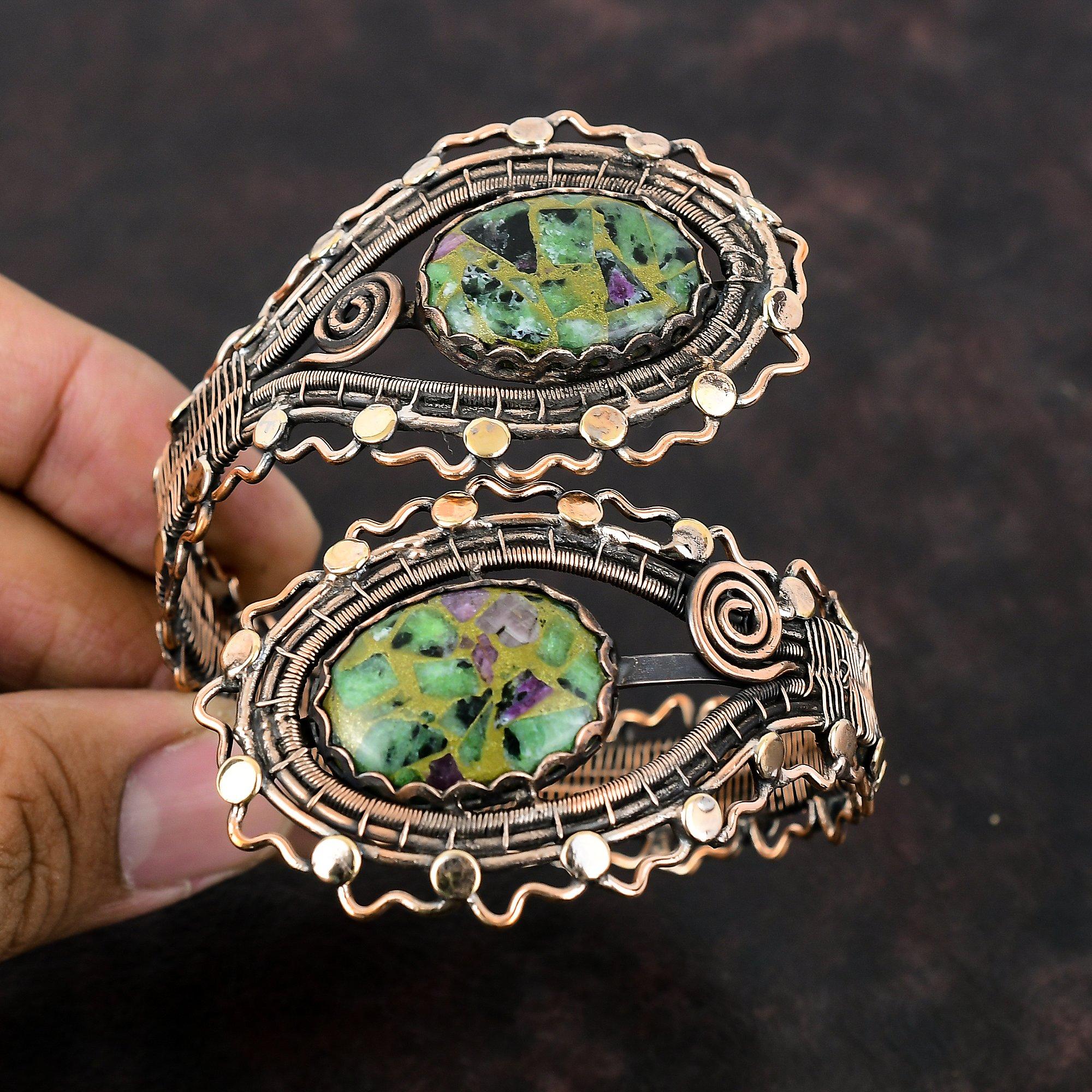 Copper Ruby Zoisite Cuff Bracelet Copper Wire Wrapped Gemstone Bangle Adjustable Cuff Handmade Bracelet Designer Copper Jewelry Gift For Mom