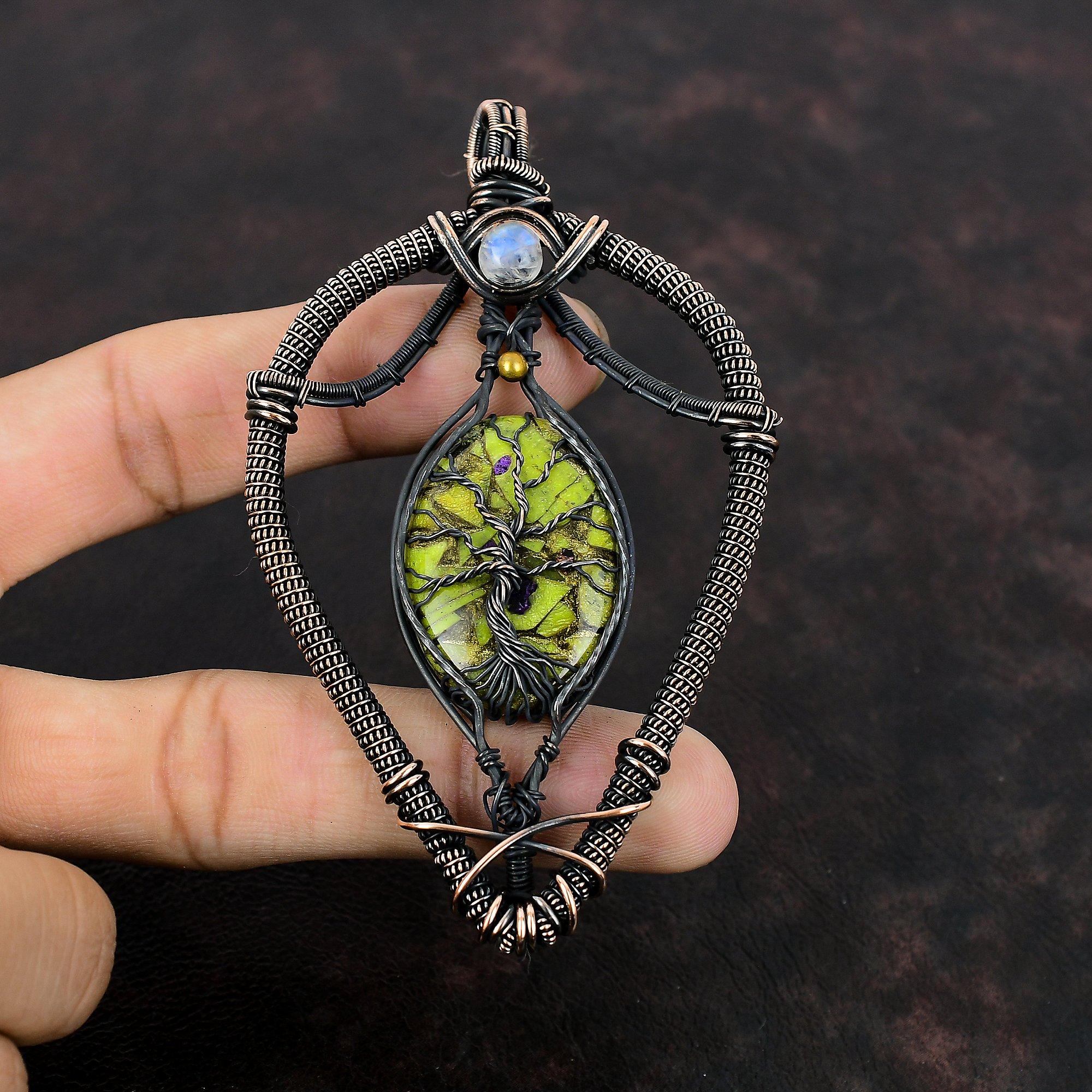 Подвеска из меди «Дерево жизни» со стихтитом, подвеска из медной проволоки, ювелирное изделие ручной работы, кулон с радужным лунным камнем, подарок для мамы, ювелирные изделия из драгоценных камней