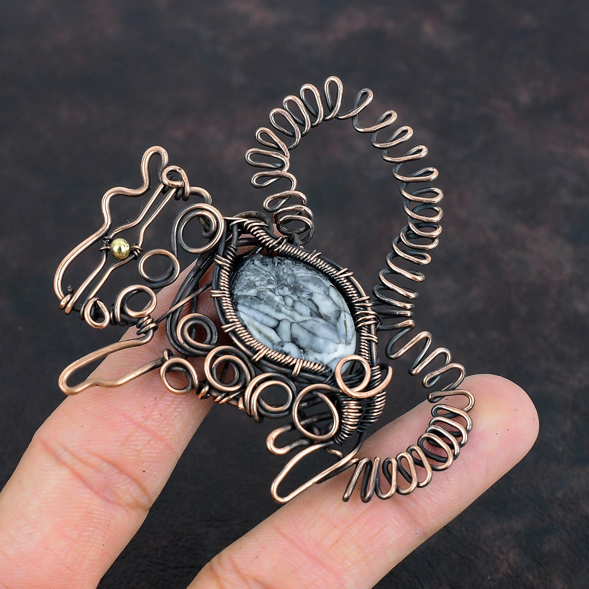 Подвеска из драгоценного камня Pinolith Jasper, медная проволочная обертка, подвеска в виде кролика, подвеска ручной работы из проволоки, потрясающая медная подвеска, подарки для него