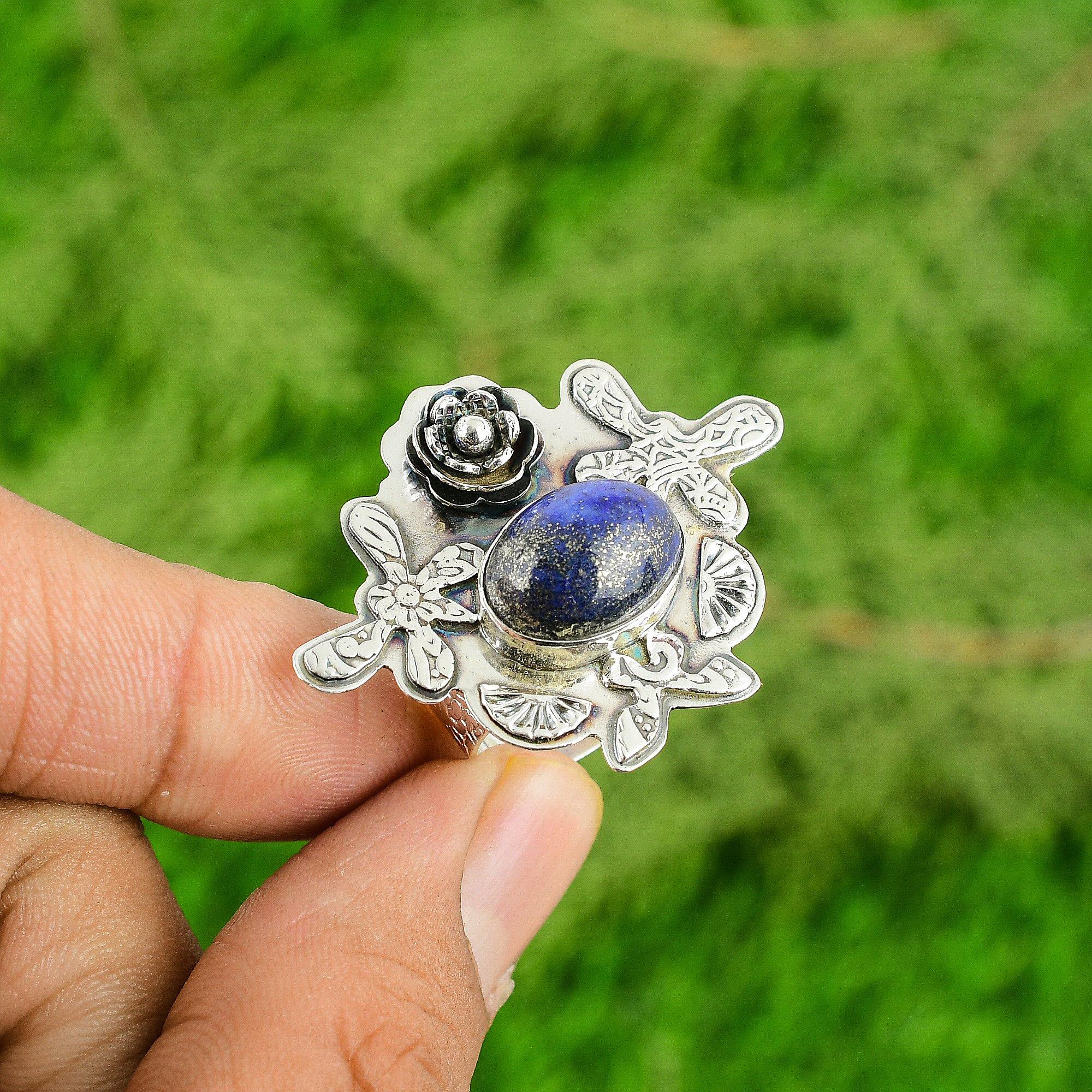 September Lapis Lazuli Stone Flower Promise Artisan Ring Jewelry Sterling Silver