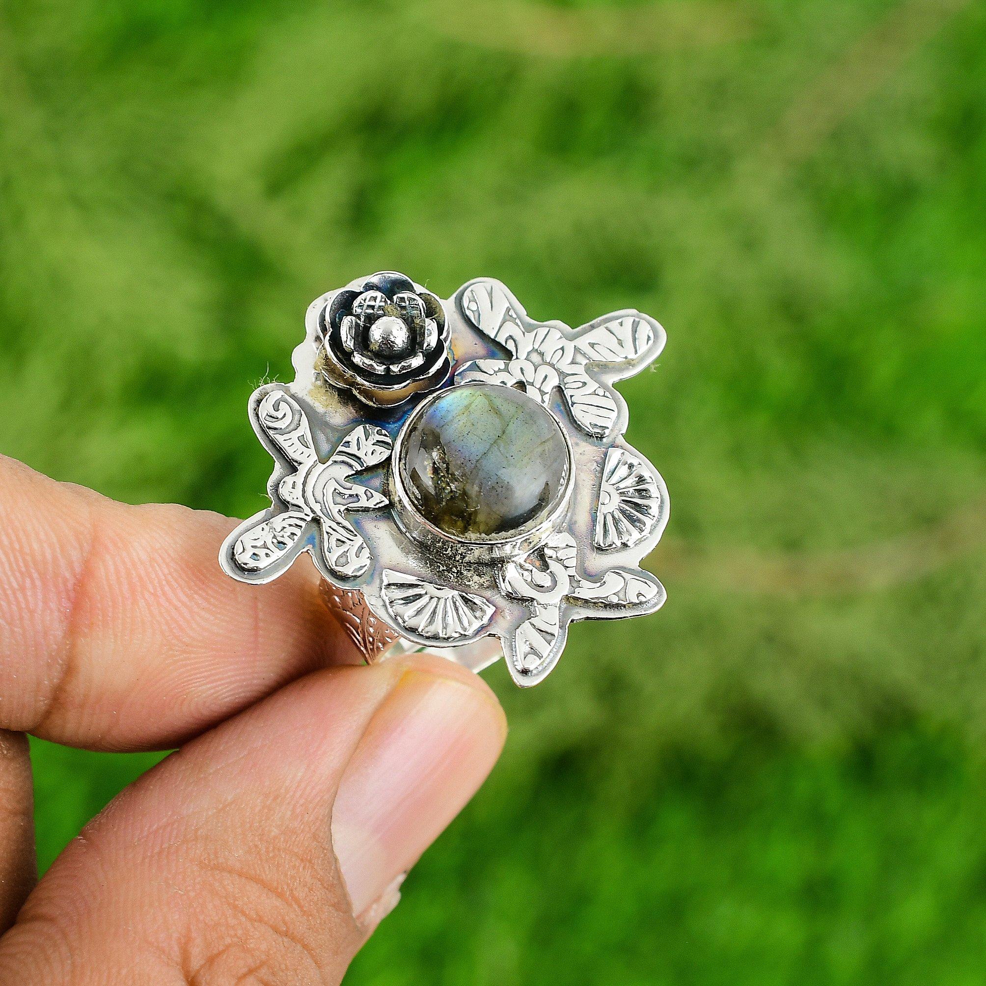 Gift For Her Natural Labradorite Statement Flower Adjustable Ring 925 Silver
